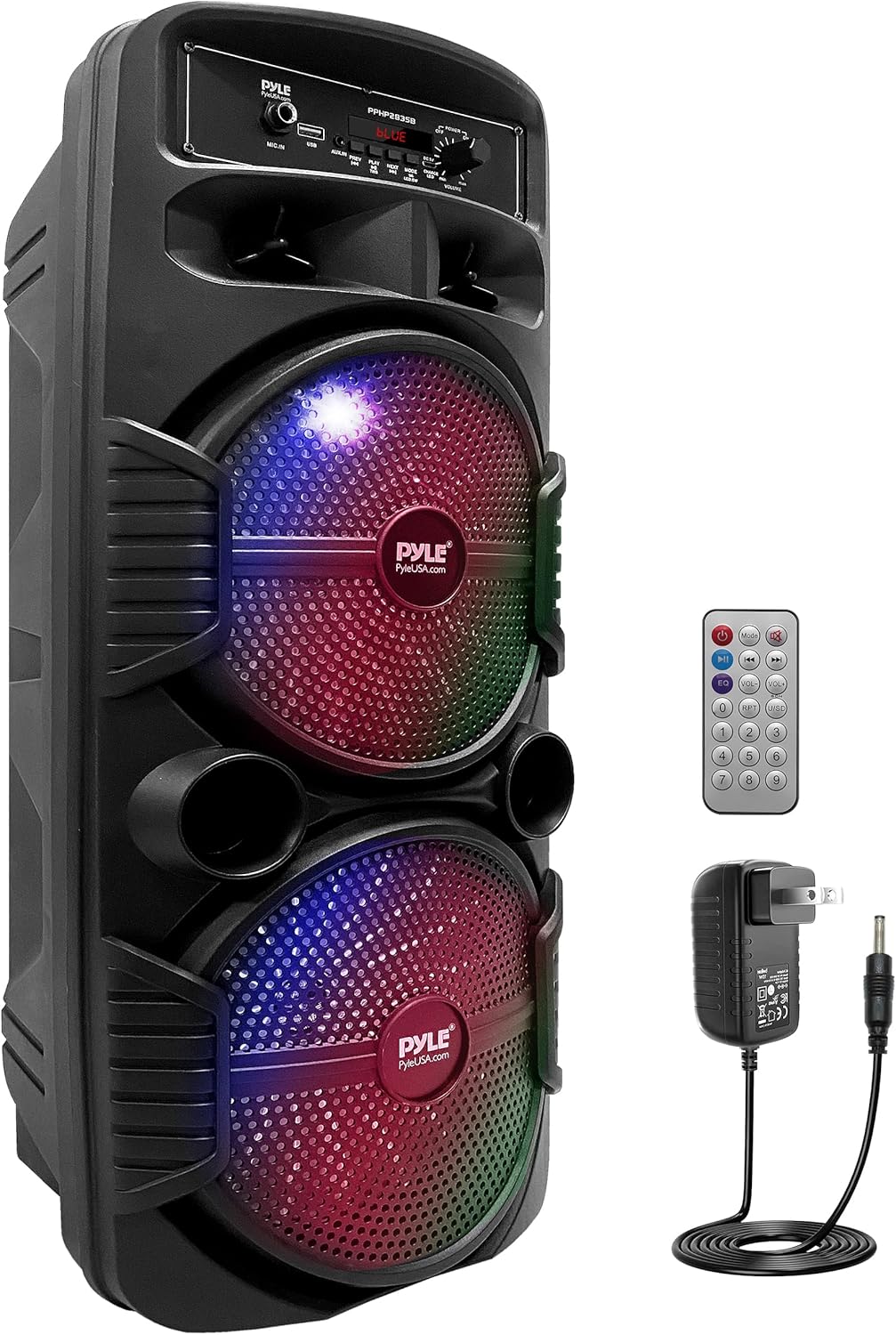 Pyle Portable Bluetooth PA Speaker System – 600W Rechargeable Outdoor Bluetooth Speaker Portable PA System w/ Dual 8” Subwoofer 1” Tweeter, Microphone In, Party Lights, USB, Radio, Remote – PPHP2835B Pyle Portable Bluetooth PA Speaker System – 600W Rechargeable Outdoor Bluetooth Speaker Portable PA System w/ Dual 8” Subwoofer 1” Tweeter, Microphone In, Party Lights, USB, Radio, Remote – PPHP2835B