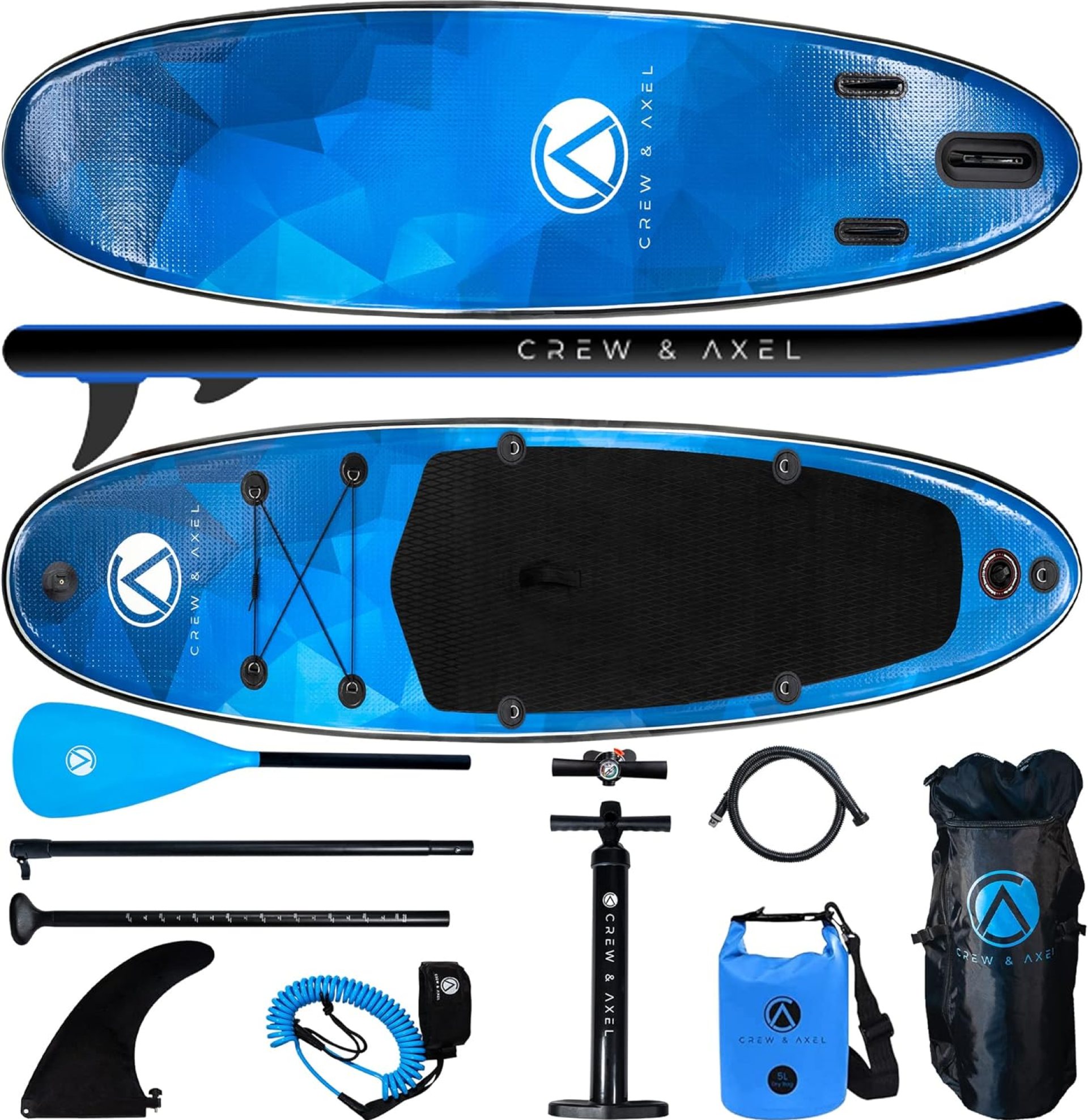 Crew Axel Inflatable Paddle Board 10’33’6” Extra Wide & Lightweight (18lb) Paddle Board – Premium SUP Set Includes 2 Bags, Floating Paddle, Camera Mount, 3 Fins, Dual Pump Kit Crew Axel Inflatable Paddle Board 10’33’6” Extra Wide & Lightweight (18lb) Paddle Board – Premium SUP Set Includes 2 Bags, Floating Paddle, Camera Mount, 3 Fins, Dual Pump Kit