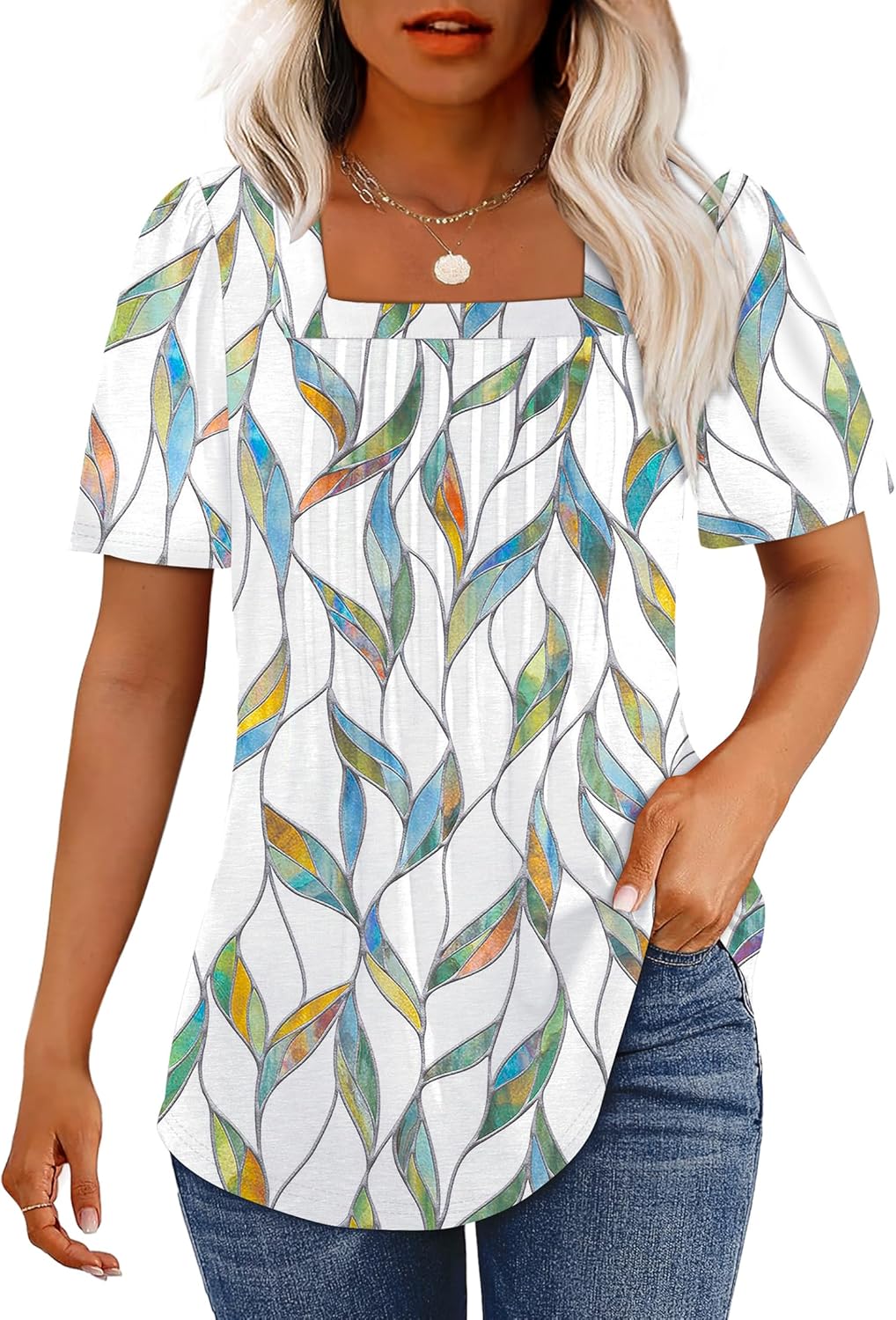 OFEEFAN T Shirts for Women Pleated Square Neck Dressy Casual Blouses Puff Short Sleeve Summer Tops Loose Fit OFEEFAN T Shirts for Women Pleated Square Neck Dressy Casual Blouses Puff Short Sleeve Summer Tops Loose Fit
