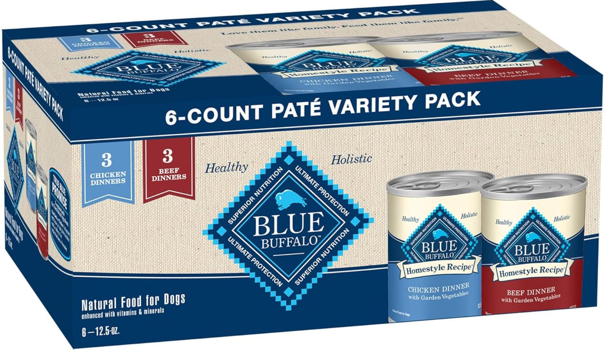 Blue Buffalo Homestyle Recipe Adult Wet Dog Food, Made with Natural Ingredients, Chicken and Beef Dinner Variety Pack, 12.5-oz Cans (6 Count, 3 of each) Blue Buffalo Homestyle Recipe Adult Wet Dog Food, Made with Natural Ingredients, Chicken and Beef Dinner Variety Pack, 12.5-oz Cans (6 Count, 3 of each)