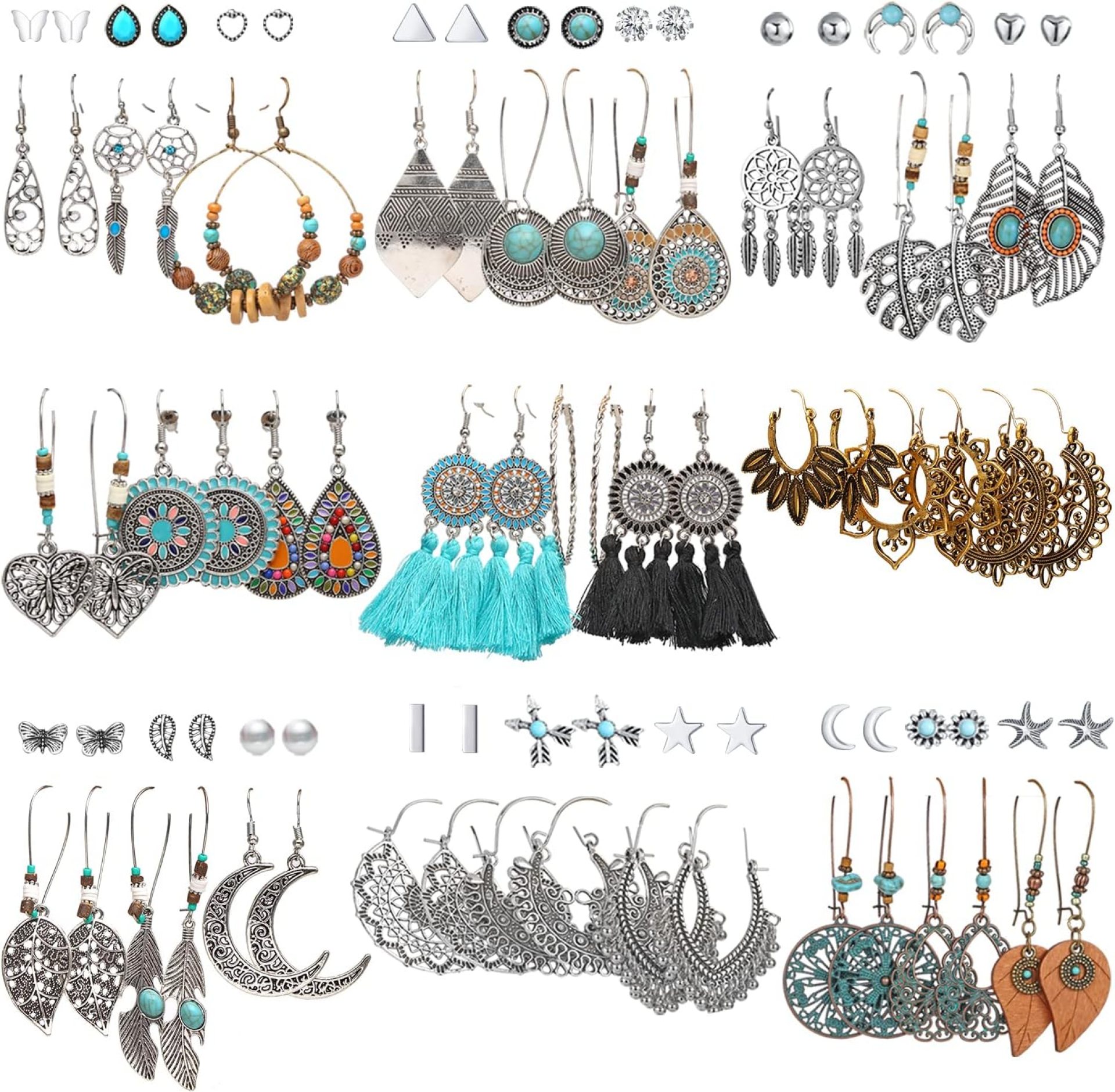 45 Pairs Vintage Silver Drop Dangle Earrings Set for Women Bohemian Bronze Waterdrop Leaf Earrings 45 Pairs Vintage Silver Drop Dangle Earrings Set for Women Bohemian Bronze Waterdrop Leaf Earrings