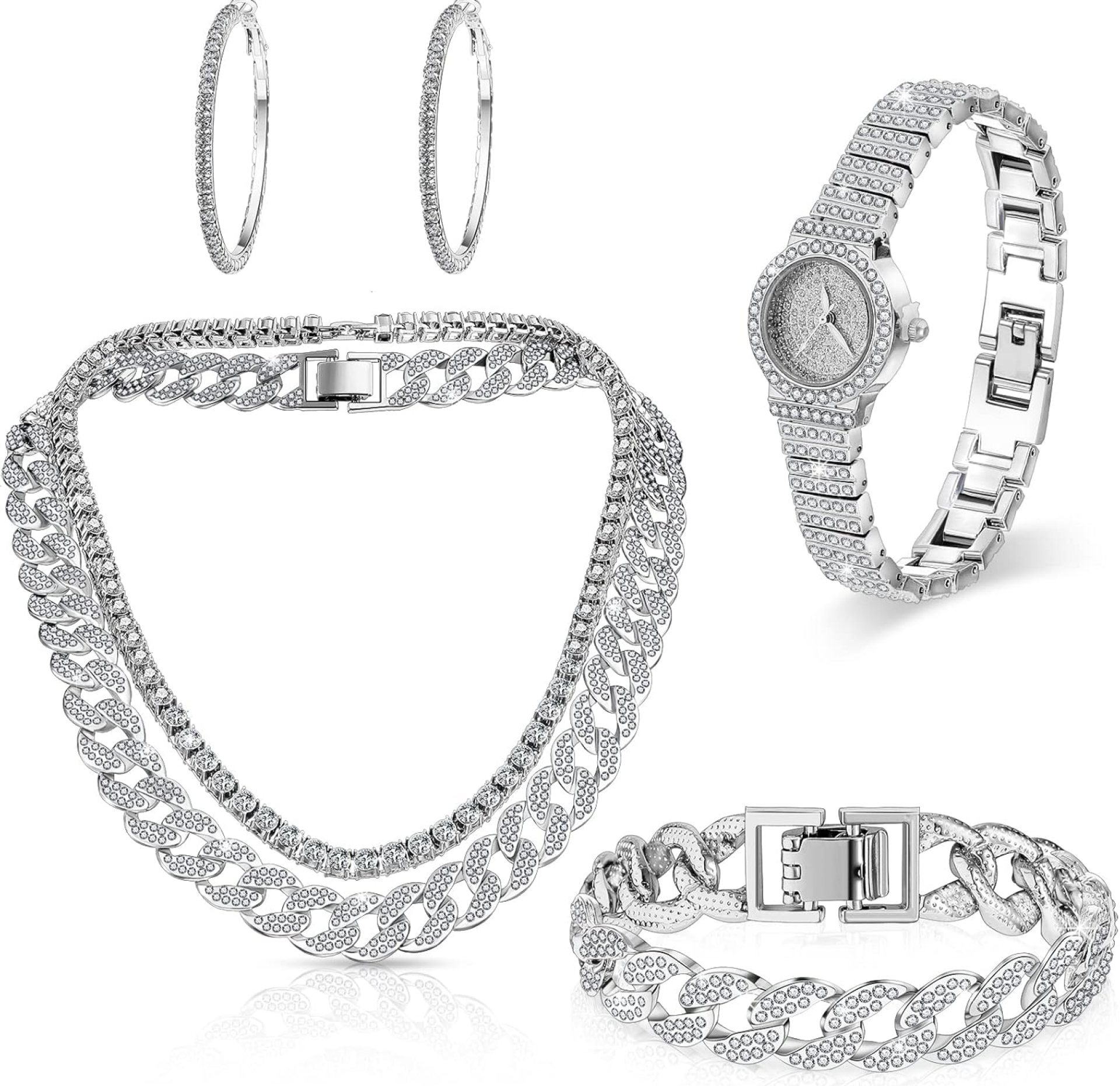 Sasylvia 5 Pcs Hip Hop Jewelry Set with Cuban Link Chain Necklace Bracelet Bling Crystal Diamond Watch Rhinestone Earrings Sasylvia 5 Pcs Hip Hop Jewelry Set with Cuban Link Chain Necklace Bracelet Bling Crystal Diamond Watch Rhinestone Earrings