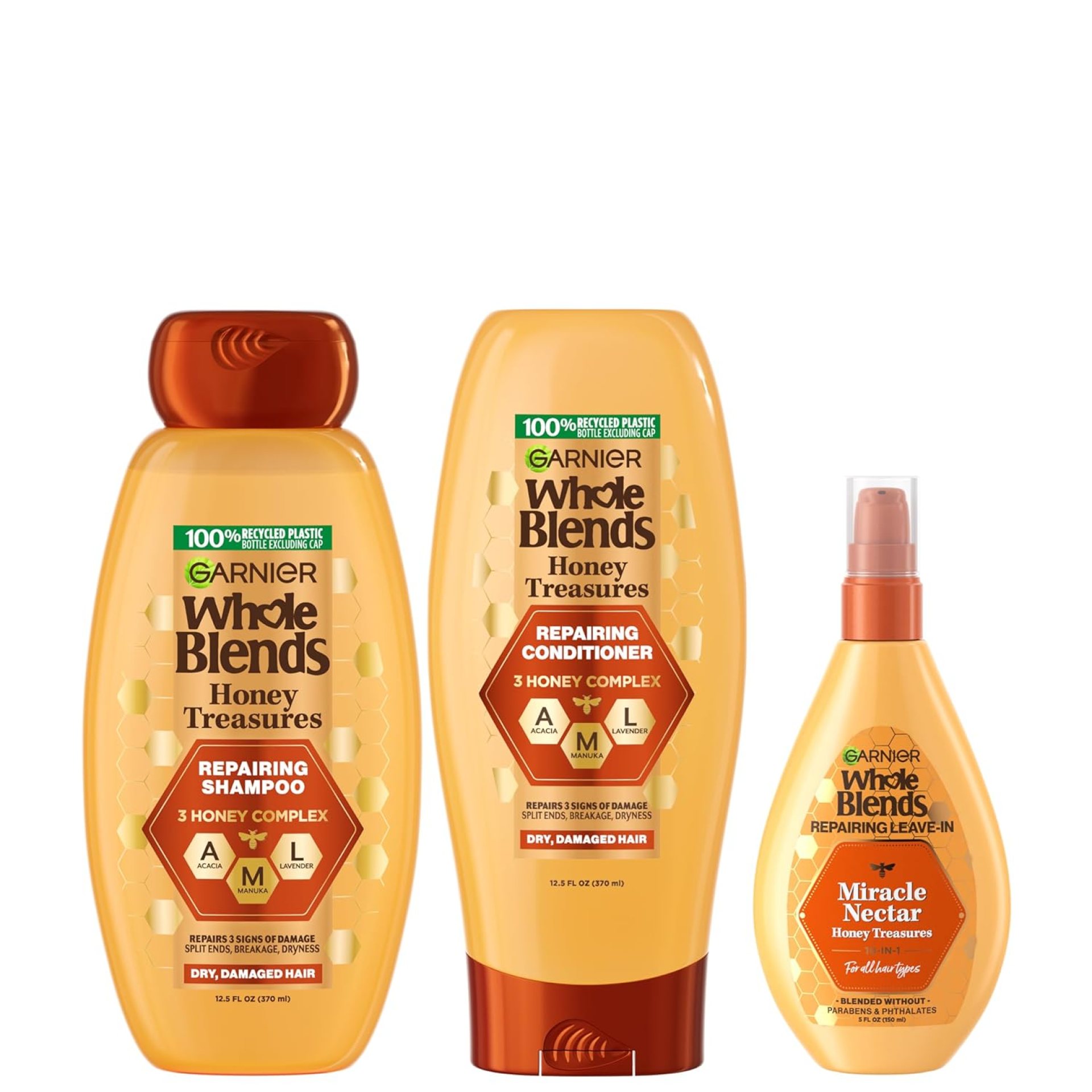 Garnier Whole Blends Honey Treasures Repairing Shampoo, Conditioner + Miracle Nectar Leave-In Set for Dry, Damaged Hair (3 Items), 1 Kit (Packaging May Vary) Garnier Whole Blends Honey Treasures Repairing Shampoo, Conditioner + Miracle Nectar Leave-In Set for Dry, Damaged Hair (3 Items), 1 Kit (Packaging May Vary)