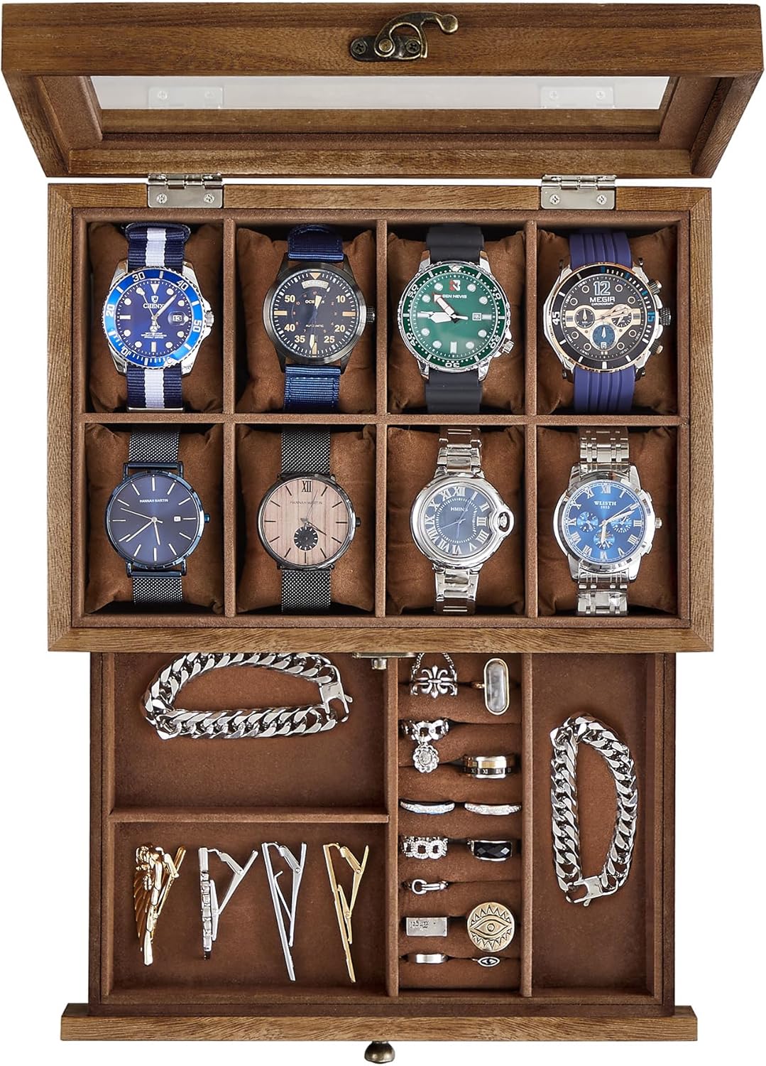 SONGMICS 8-Slot Watch Box, 2-Tier Watch Display Case with Large Glass Lid, Removable Watch Pillows, Velvet Lining, Jewelry Box, Gift Idea, Rustic Walnut UJOW008K01 SONGMICS 8-Slot Watch Box, 2-Tier Watch Display Case with Large Glass Lid, Removable Watch Pillows, Velvet Lining, Jewelry Box, Gift Idea, Rustic Walnut UJOW008K01