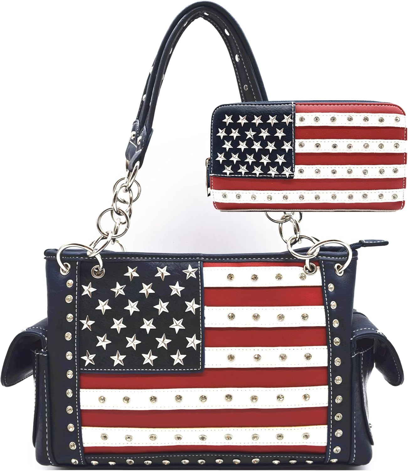 American Flag USA Stars and Stripes Patriotic Leather Purse Women Rhinestone Country Handbag Wallet Set Red White and Blue American Flag USA Stars and Stripes Patriotic Leather Purse Women Rhinestone Country Handbag Wallet Set Red White and Blue