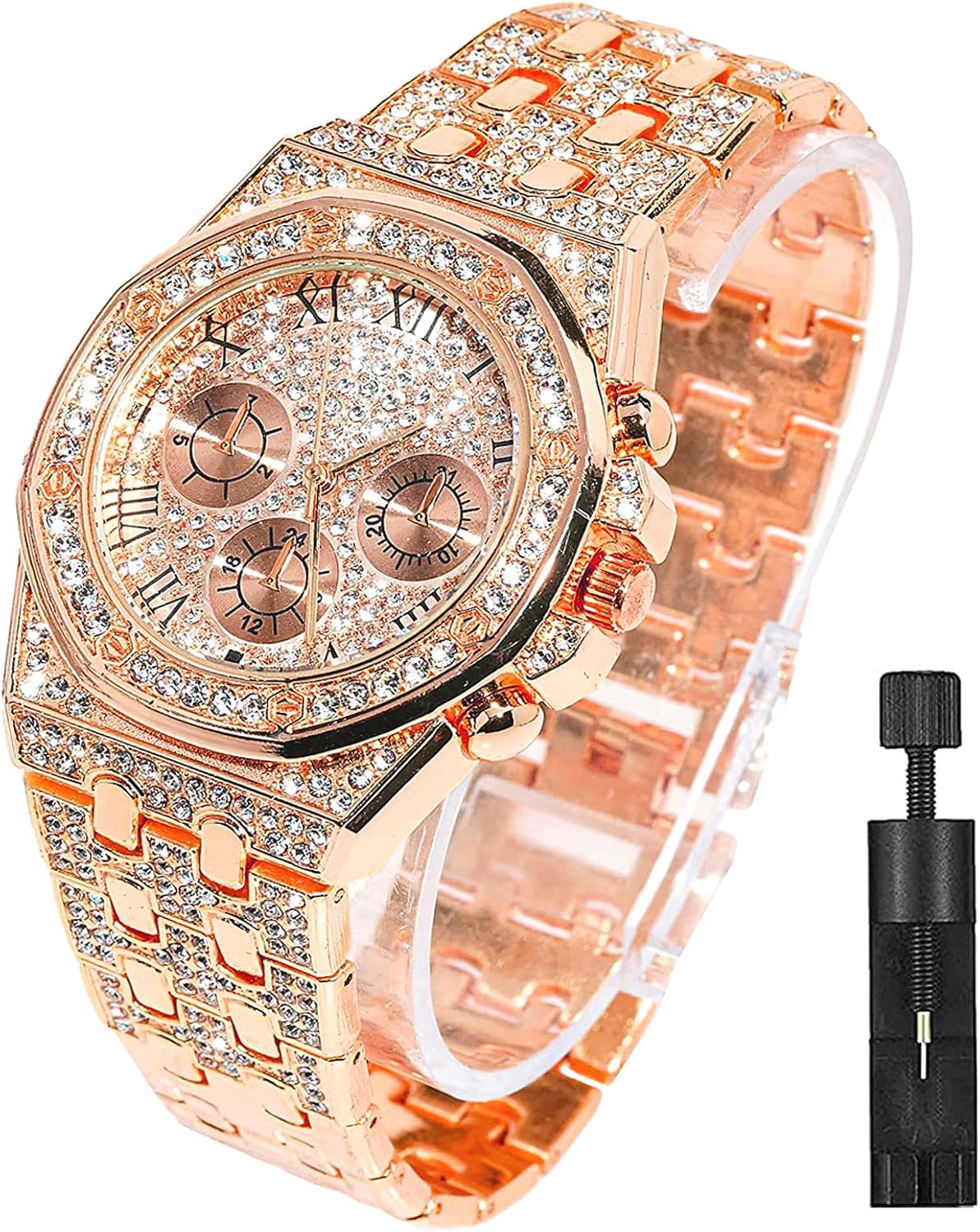 Apzzic Diamond Iced Out Watch CZ Gold Plated 40mm Width Roman Numerals Dial Quartz Wristband Watch for Men Women Apzzic Diamond Iced Out Watch CZ Gold Plated 40mm Width Roman Numerals Dial Quartz Wristband Watch for Men Women