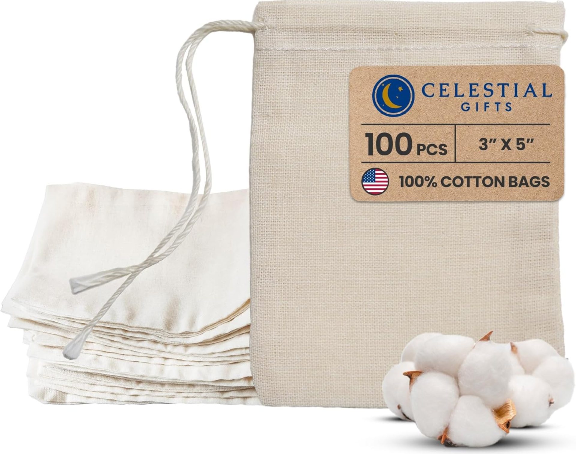 Celestial Gifts Muslin Bags – Drawstring Bags Small 100pcs – 3×5, Reusable Tea Bags, Jewelry Gift, Spice and Cotton Gift Sachet Bags – 100% Cotton – Made in USA – (Natural Hem & Drawstring) Celestial Gifts Muslin Bags – Drawstring Bags Small 100pcs – 3×5, Reusable Tea Bags, Jewelry Gift, Spice and Cotton Gift Sachet Bags – 100% Cotton – Made in USA – (Natural Hem & Drawstring)
