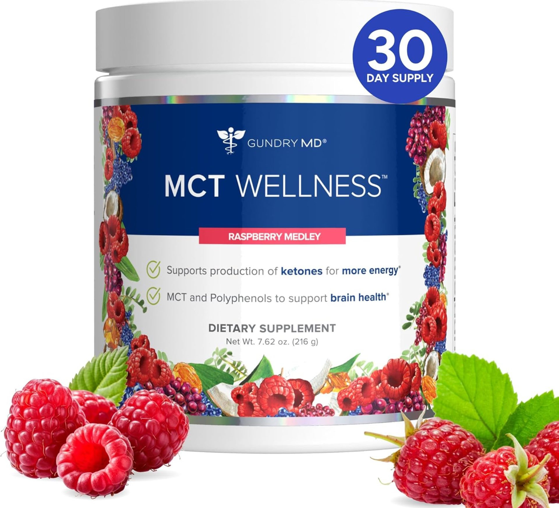 Gundry MD MCT Wellness Powder to Support Energy, Ketone Production and Brain Health, Keto Friendly, Sugar Free (30 Servings) (Raspberry Medley) Gundry MD MCT Wellness Powder to Support Energy, Ketone Production and Brain Health, Keto Friendly, Sugar Free (30 Servings) (Raspberry Medley)