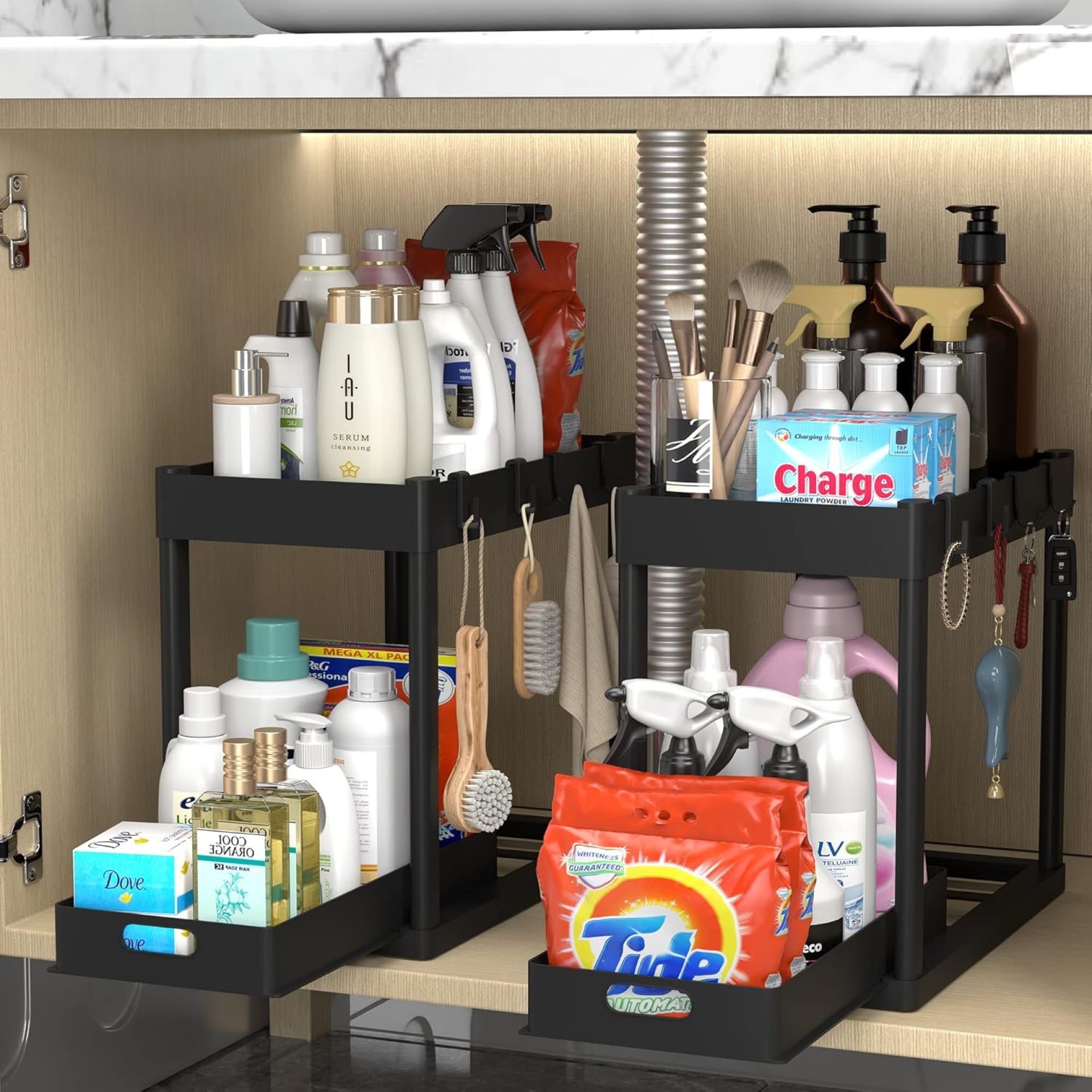 2PC Under Sink Organizer Rack 2 Tier Under Sliding Cabinet Basket Organizer Drawer with 4 Hooks, Multi-purpose Under Sink Storage for Bathroom Kitchen Desktop(Black) 2PC Under Sink Organizer Rack 2 Tier Under Sliding Cabinet Basket Organizer Drawer with 4 Hooks, Multi-purpose Under Sink Storage for Bathroom Kitchen Desktop(Black)