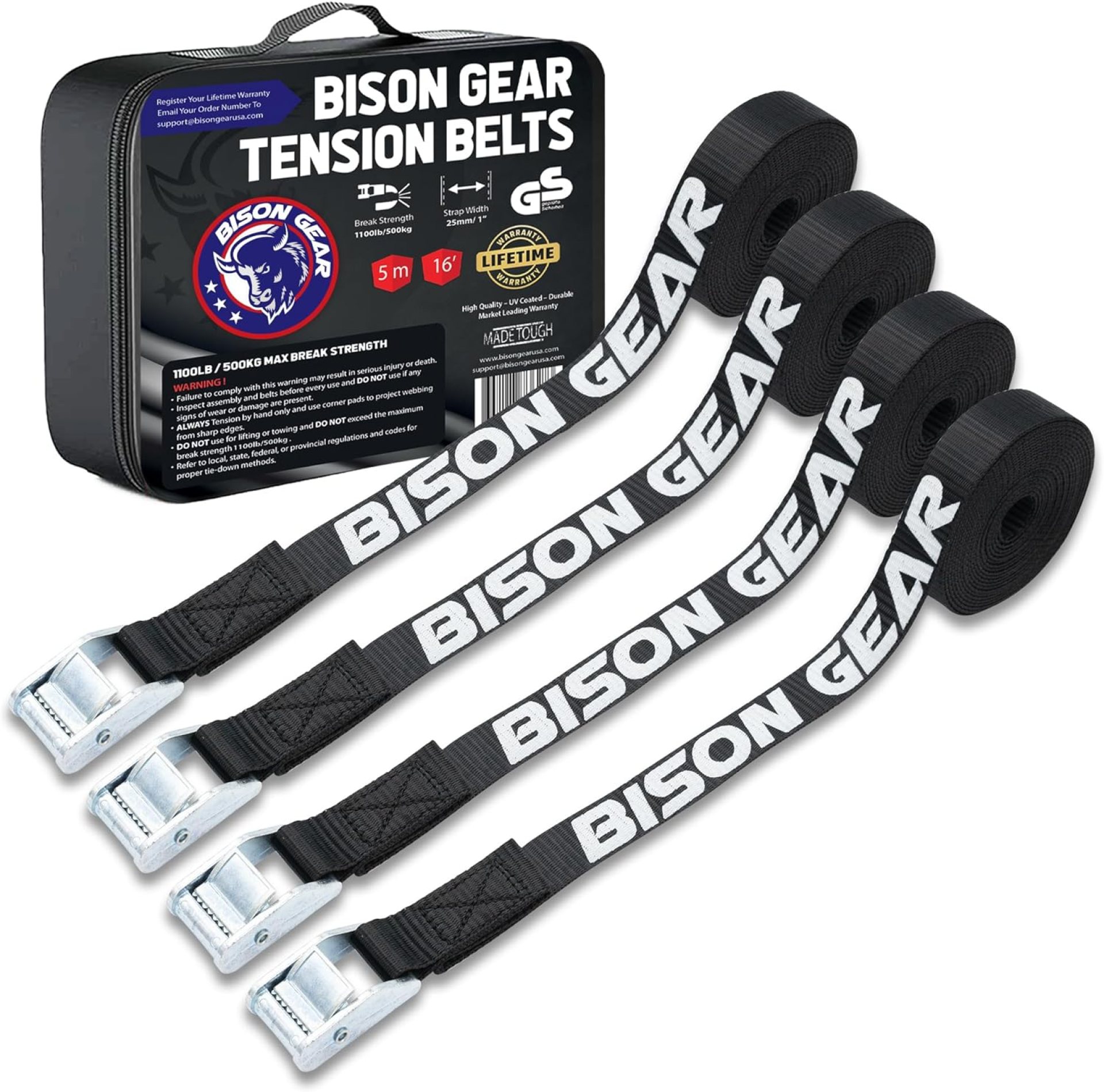 Bison Gear Premium Tie Down Straps – UV Resistant Cargo Car Roof Rack Straps for Surfboard Kayak, 16ft 5m x 1in 25mm, 1100lbs 500kg Break Strength, Cam Straps with Buckle (4 Pack, Black) Bison Gear Premium Tie Down Straps – UV Resistant Cargo Car Roof Rack Straps for Surfboard Kayak, 16ft 5m x 1in 25mm, 1100lbs 500kg Break Strength, Cam Straps with Buckle (4 Pack, Black)