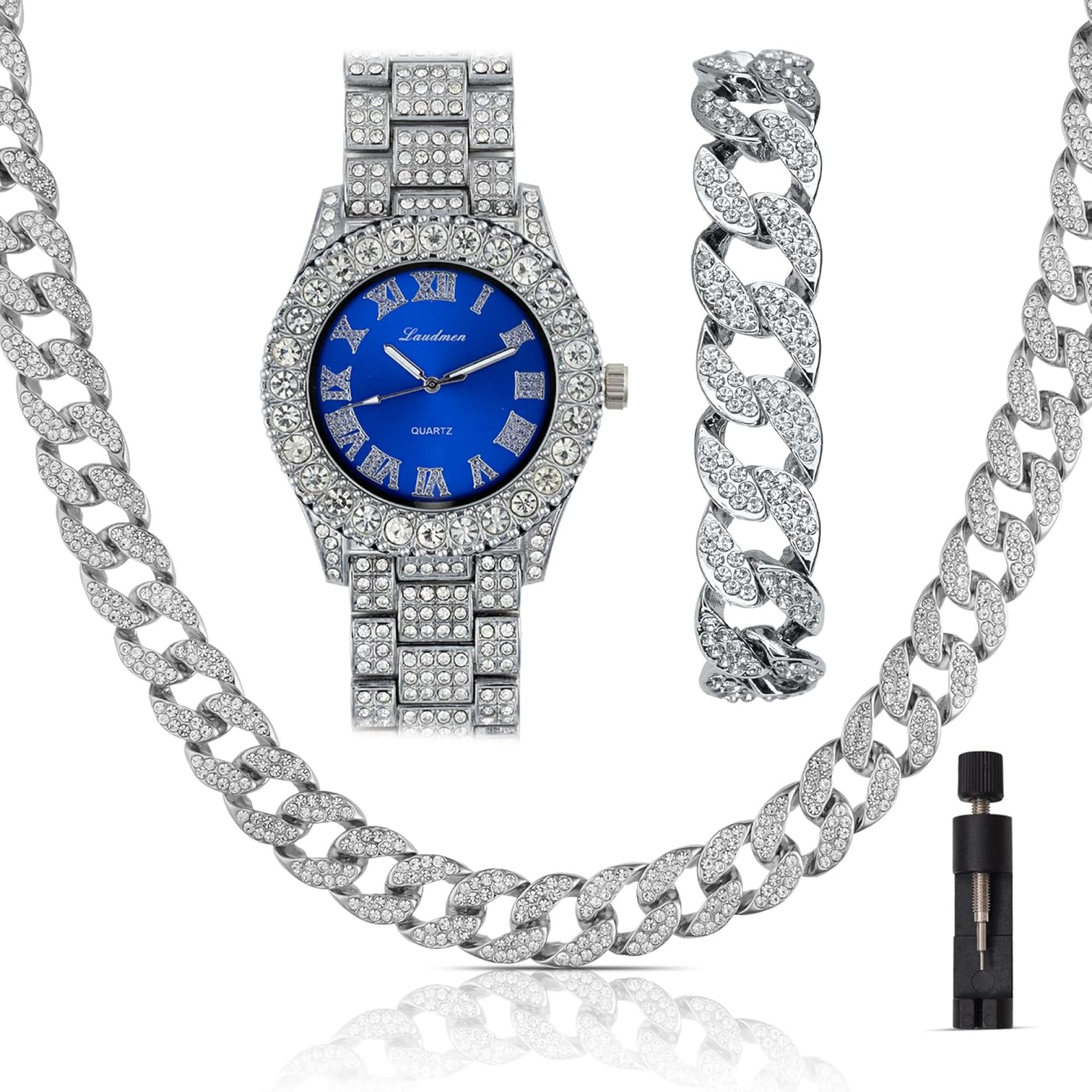 Iced Out 44MM Colorful Dial Gold Plated Big Diamond Roman Numeral Watch, Full Icy Cuban Link 18 Inch Necklace Chain, Bracelet Luxury Bling Gift Set Iced Out 44MM Colorful Dial Gold Plated Big Diamond Roman Numeral Watch, Full Icy Cuban Link 18 Inch Necklace Chain, Bracelet Luxury Bling Gift Set