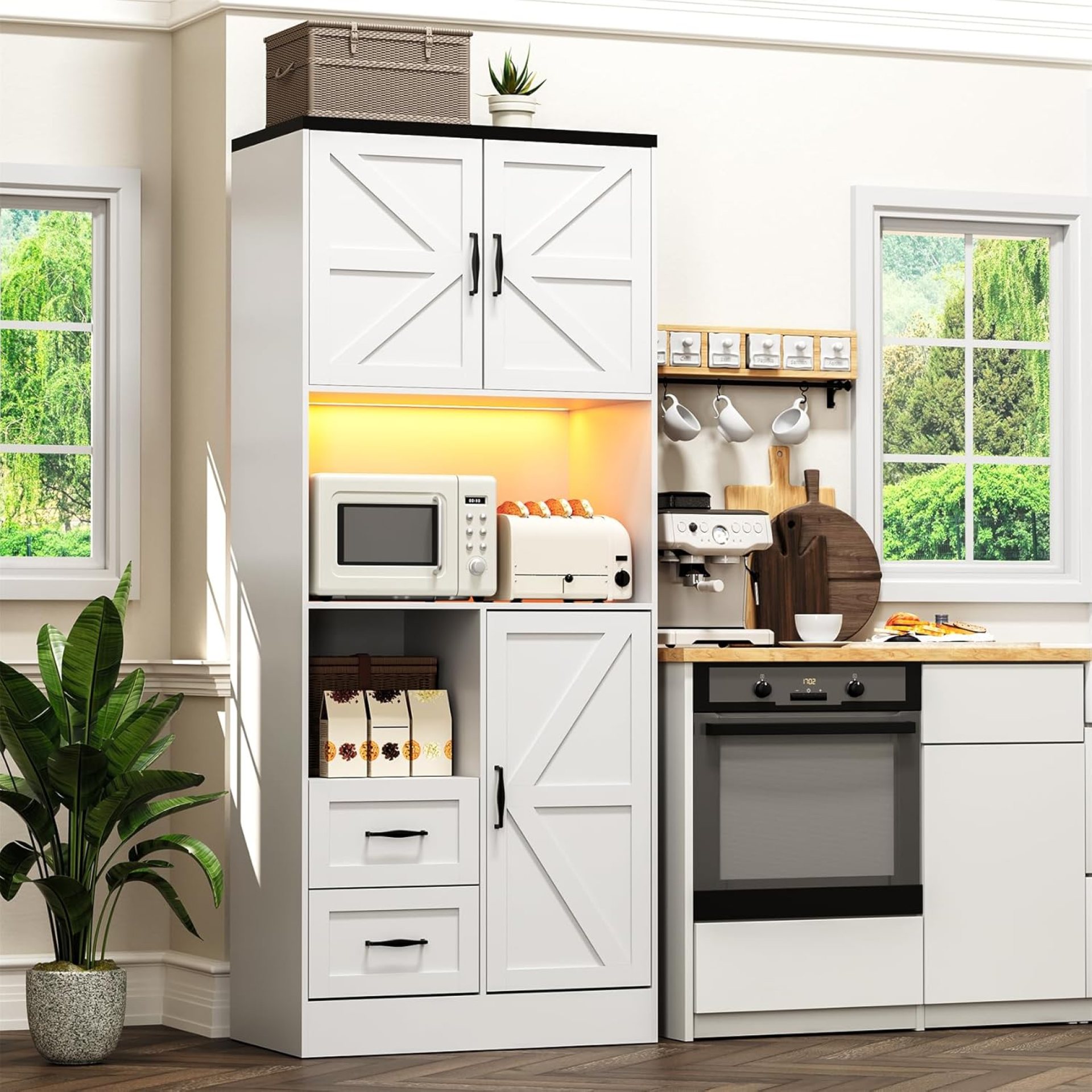 Kitchen Pantry Storage Cabinet with LED Lights and Power Strip, Tall Farmhouse Kitchen Pantry with Barn Doors and Drawers, Adjustable Shelves for Dining Living Room (White) Kitchen Pantry Storage Cabinet with LED Lights and Power Strip, Tall Farmhouse Kitchen Pantry with Barn Doors and Drawers, Adjustable Shelves for Dining Living Room (White)