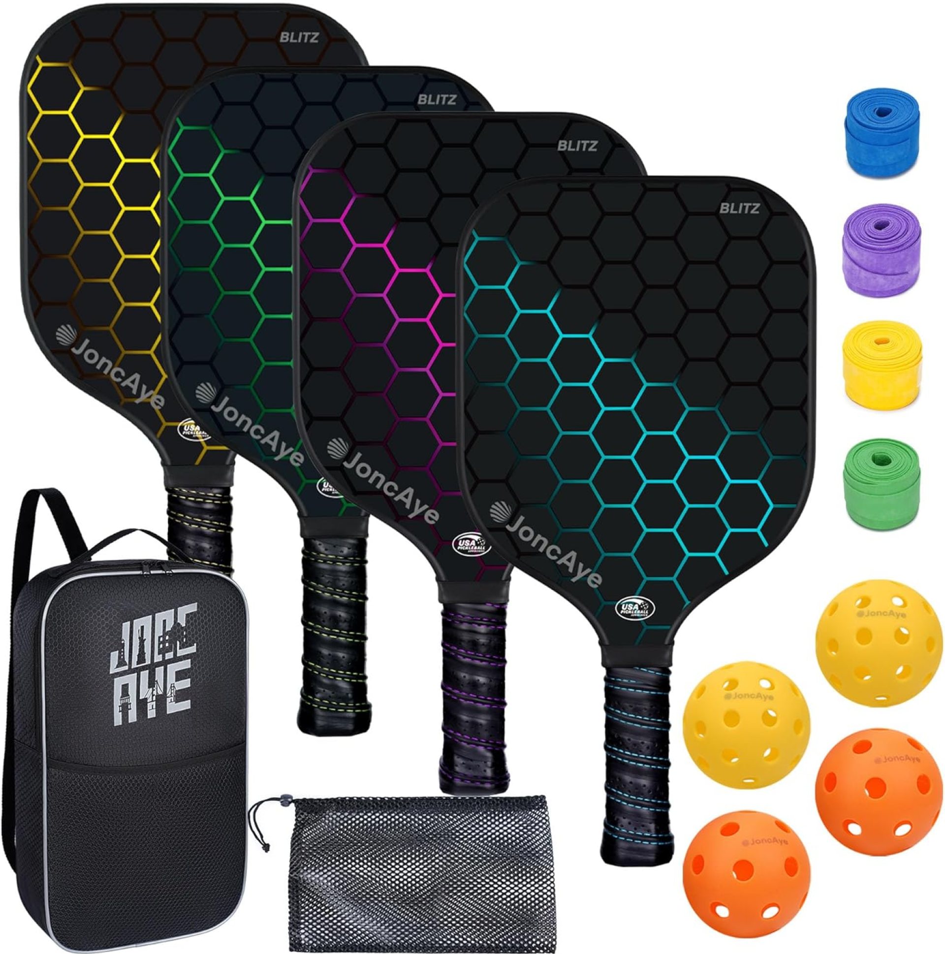 JoncAye Pickleball-Paddles-Set of 4 or 2 Rackets with Balls and Bag, USAPA Approved Pickle-Ball Equipment with Accessories, Fiberglass Graphite Pickleball Racquet Set for Men, Women, Kids, Adults JoncAye Pickleball-Paddles-Set of 4 or 2 Rackets with Balls and Bag, USAPA Approved Pickle-Ball Equipment with Accessories, Fiberglass Graphite Pickleball Racquet Set for Men, Women, Kids, Adults