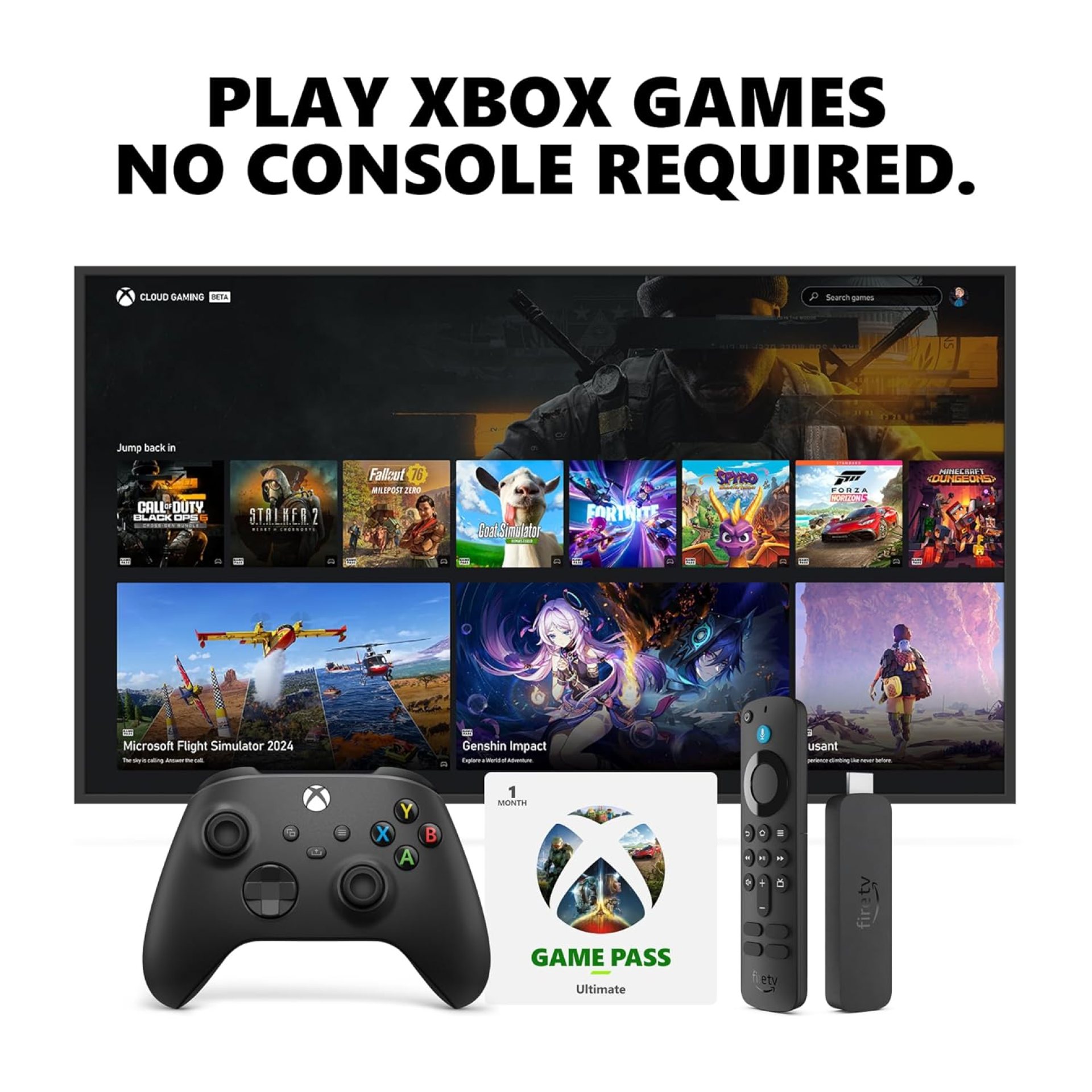 Amazon Fire TV Stick 4K, Carbon Black Core Wireless Controller, and 1 Month Game Pass Ultimate Bundle Amazon Fire TV Stick 4K, Carbon Black Core Wireless Controller, and 1 Month Game Pass Ultimate Bundle