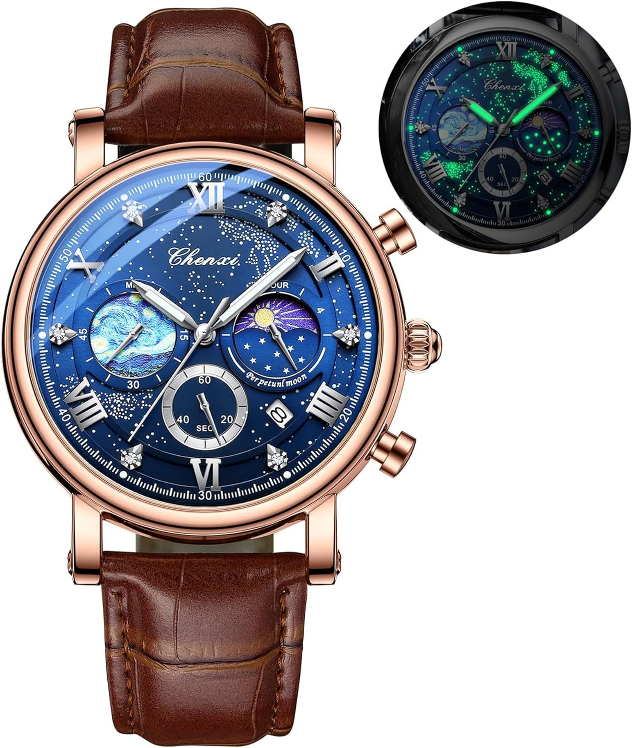 FANMIS Men’s Classic Multifunctional Military Sports Analog Watch Business Dress Waterproof Luminous Chronograph Starry Sky Moon Phase Leather Wristwatch FANMIS Men’s Classic Multifunctional Military Sports Analog Watch Business Dress Waterproof Luminous Chronograph Starry Sky Moon Phase Leather Wristwatch