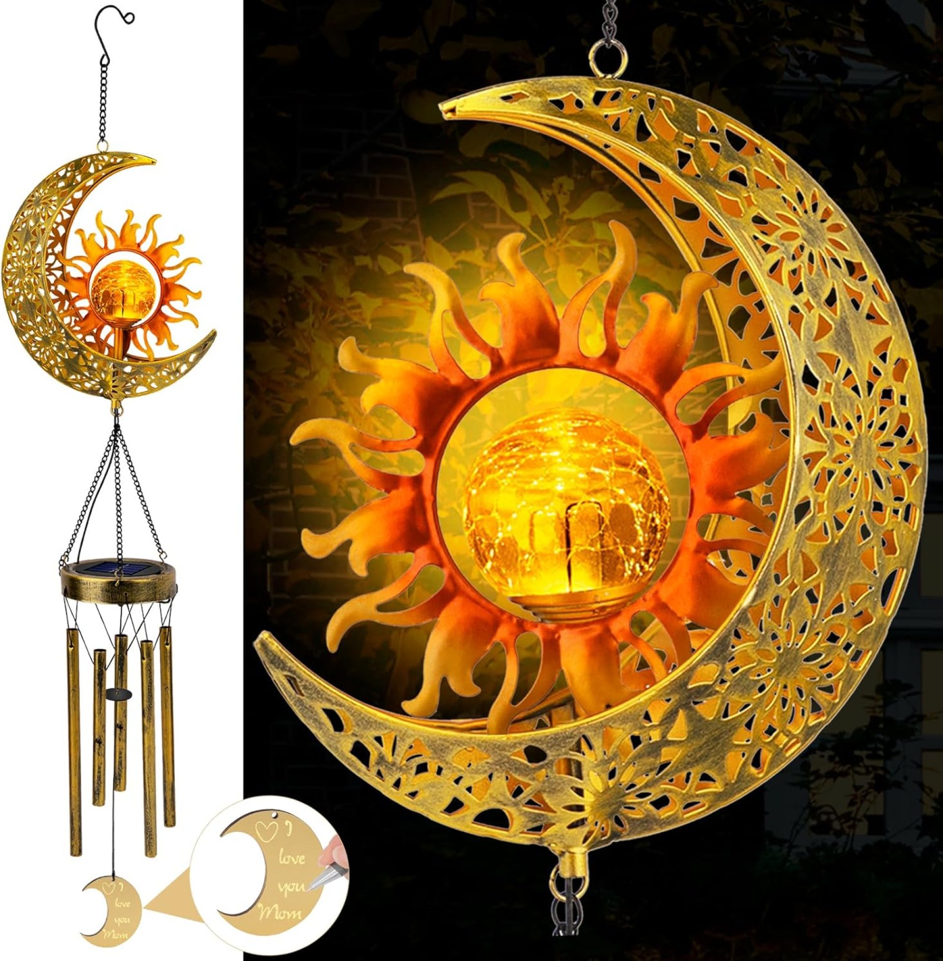 JYPS Sun Moon Solar Wind Chimes for Outside Crackle Glass Ball Waterproof Wind Chimes Outdoor Clearance Deep Tone Garden Decor Birthday Unique Gifts for Women Mom Grandma Windchimes Gardening JYPS Sun Moon Solar Wind Chimes for Outside Crackle Glass Ball Waterproof Wind Chimes Outdoor Clearance Deep Tone Garden Decor Birthday Unique Gifts for Women Mom Grandma Windchimes Gardening