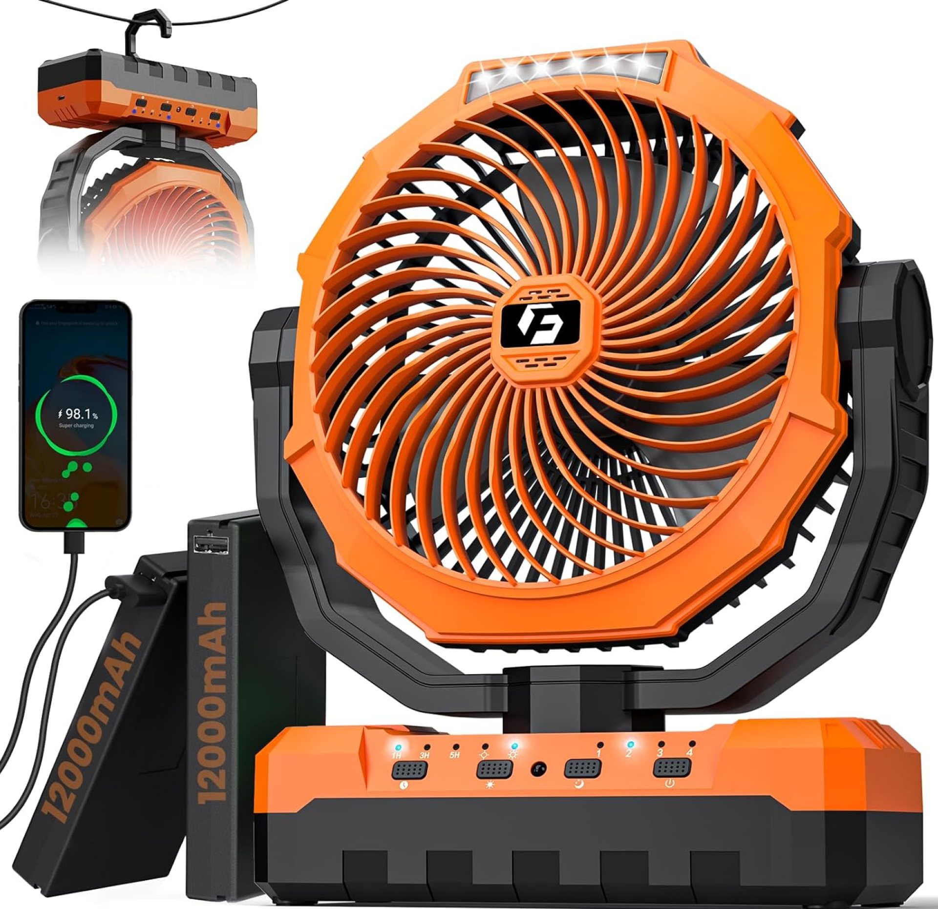 24000mAh Camping Fan – 9-Inch Detachable Rechargeable Battery Operated Fan with Light & Hook for Tent, Outdoor – USB Table Fan with 4 Speeds for Picnic, BBQ, Fishing, Travel, Hurricane 24000mAh Camping Fan – 9-Inch Detachable Rechargeable Battery Operated Fan with Light & Hook for Tent, Outdoor – USB Table Fan with 4 Speeds for Picnic, BBQ, Fishing, Travel, Hurricane