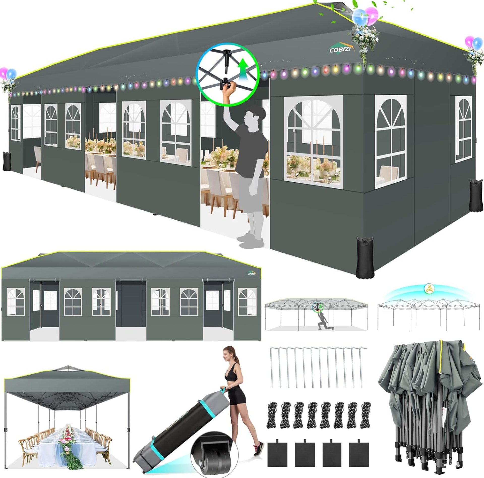 COBIZI 10×30 Pop Up Canopy Tent with Sidewalls 10×30 Party Tent Outdoor Wedding Event Tent for Parties UPF 50+ Windproof Waterproof Gazebo with Air Vent, Wheeled Bag, Sandbag, Stake, Rope,(Gray COBIZI 10×30 Pop Up Canopy Tent with Sidewalls 10×30 Party Tent Outdoor Wedding Event Tent for Parties UPF 50+ Windproof Waterproof Gazebo with Air Vent, Wheeled Bag, Sandbag, Stake, Rope,(Gray