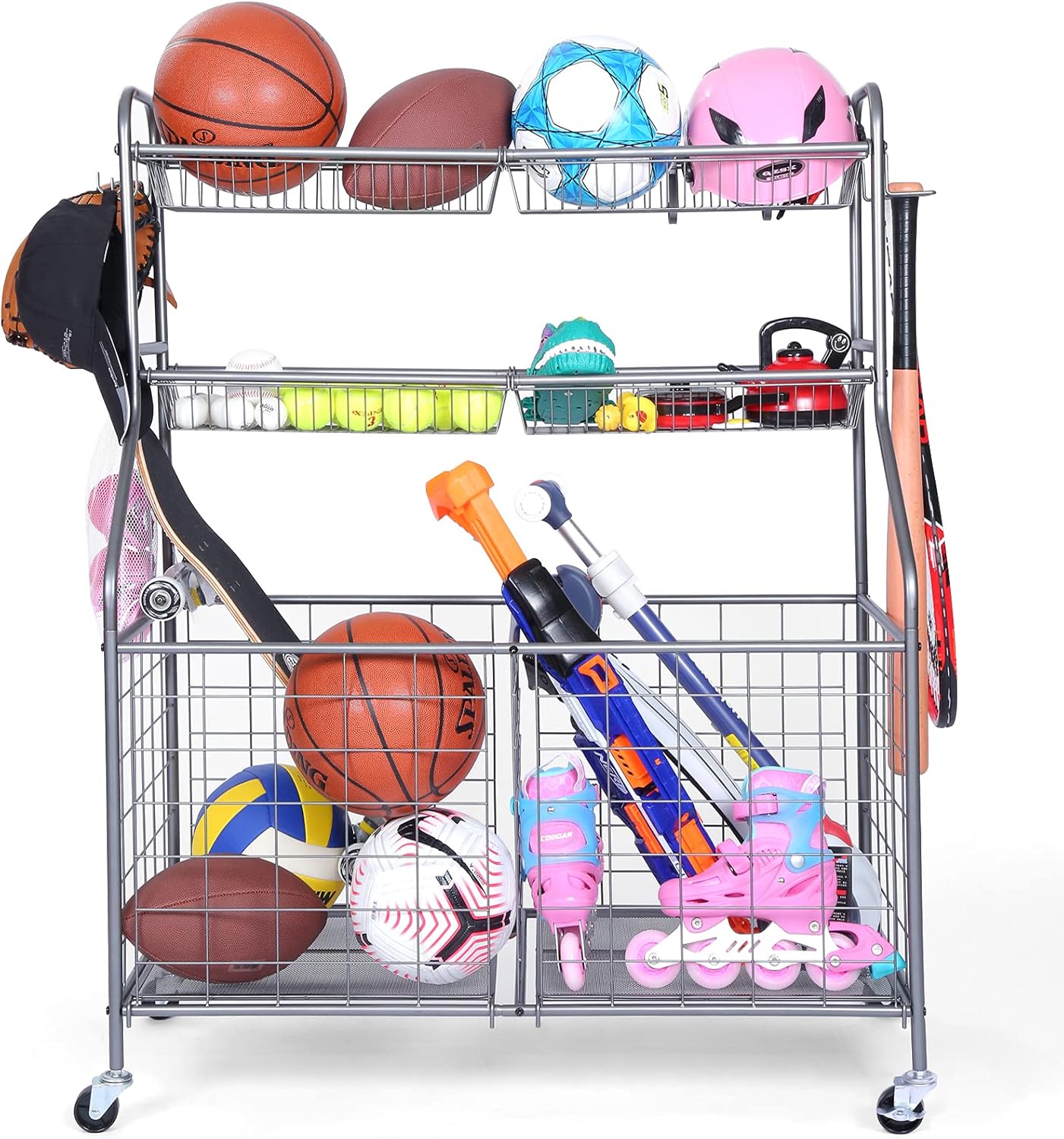 Kinghouse Garage Sports Equipment Organizer, Ball Storage Rack, Toy Storage, Nerf Gun Organization on Wheels for School, Garage, Black, Steel (Grey) Kinghouse Garage Sports Equipment Organizer, Ball Storage Rack, Toy Storage, Nerf Gun Organization on Wheels for School, Garage, Black, Steel (Grey)
