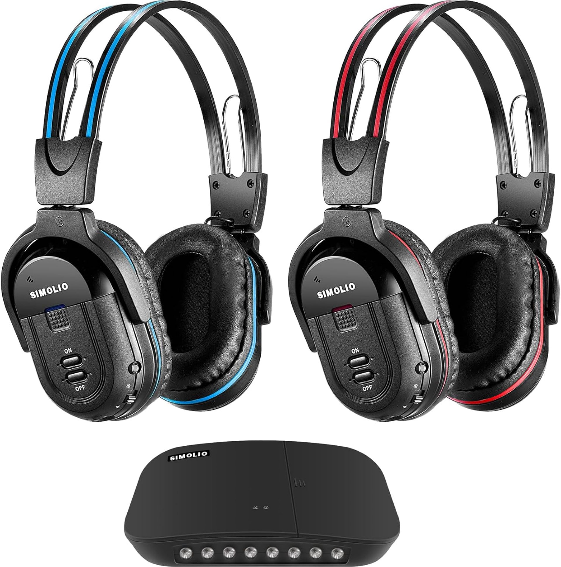 SIMOLIO Dual Wireless Headphones for TV with Transmitter, 2 Channel IR TV Headphones for Home Theater/Outdoor Movie/Car DVD, Tone Control & Optical/RCA/AUX Support, Plug N Play, No Audio Delay SIMOLIO Dual Wireless Headphones for TV with Transmitter, 2 Channel IR TV Headphones for Home Theater/Outdoor Movie/Car DVD, Tone Control & Optical/RCA/AUX Support, Plug N Play, No Audio Delay