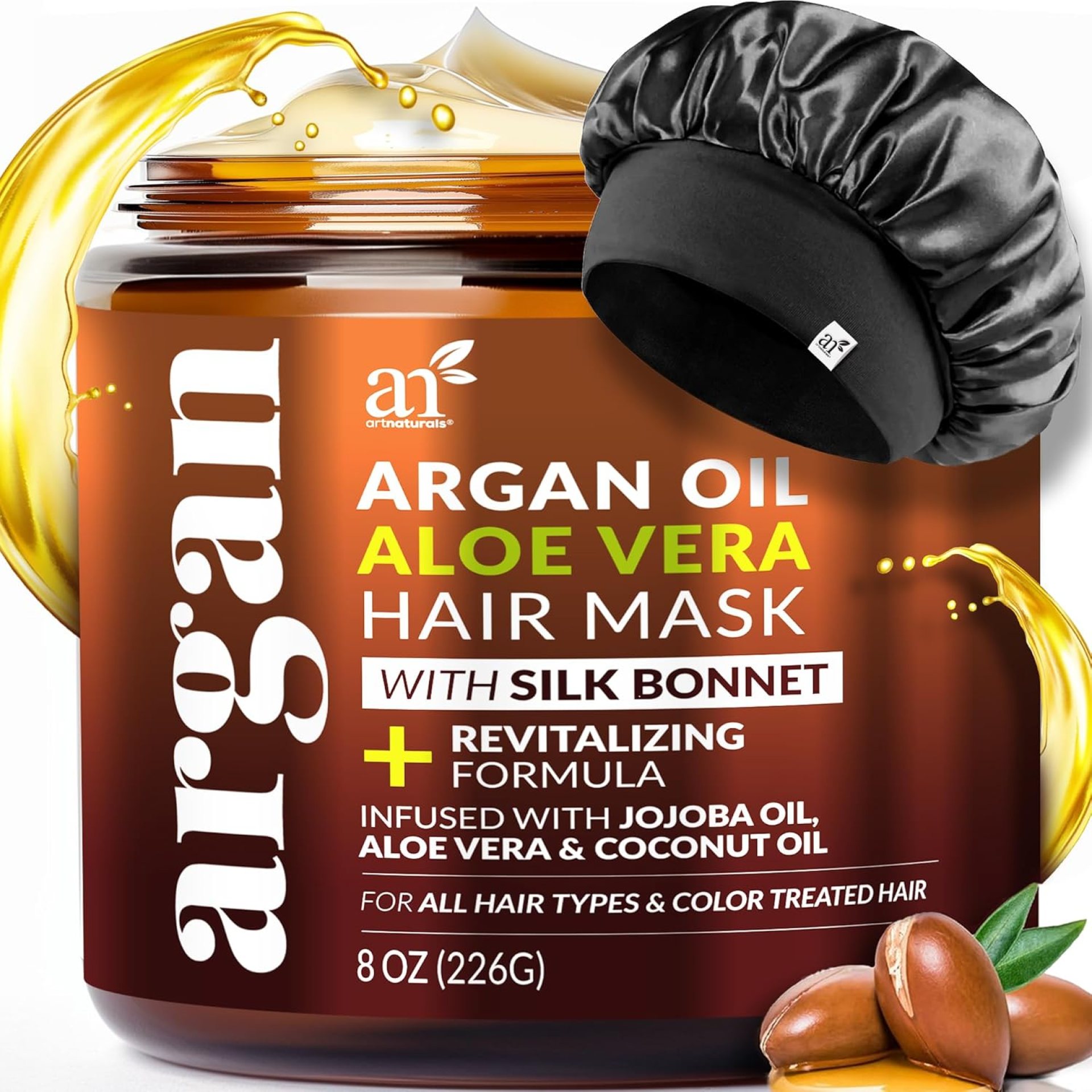 Hair Mask + Silk Bonnet for Sleeping Women Set – Deep Conditioner & Leave-In Conditioner for Dry, Damaged Hair – Argan Oil, Jojoba, Aloe & Keratin – Satin Bonnet for Sleeping, Repair & Hydrate (8 oz) Hair Mask + Silk Bonnet for Sleeping Women Set – Deep Conditioner & Leave-In Conditioner for Dry, Damaged Hair – Argan Oil, Jojoba, Aloe & Keratin – Satin Bonnet for Sleeping, Repair & Hydrate (8 oz)