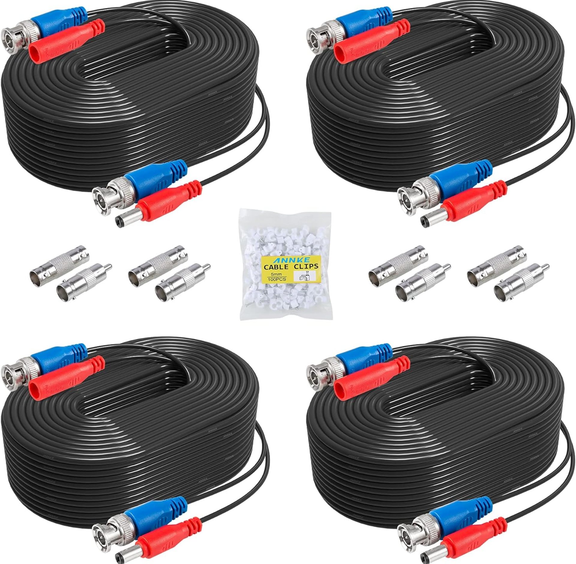 ANNKE 4 Pack 30M/100ft All-in-One Video Power Cables, BNC Extension Surveillance Camera Cables for CCTV Security DVR System Installation, Free 8 x BNC Connectors and 100pcs Cable Clips Included ANNKE 4 Pack 30M/100ft All-in-One Video Power Cables, BNC Extension Surveillance Camera Cables for CCTV Security DVR System Installation, Free 8 x BNC Connectors and 100pcs Cable Clips Included