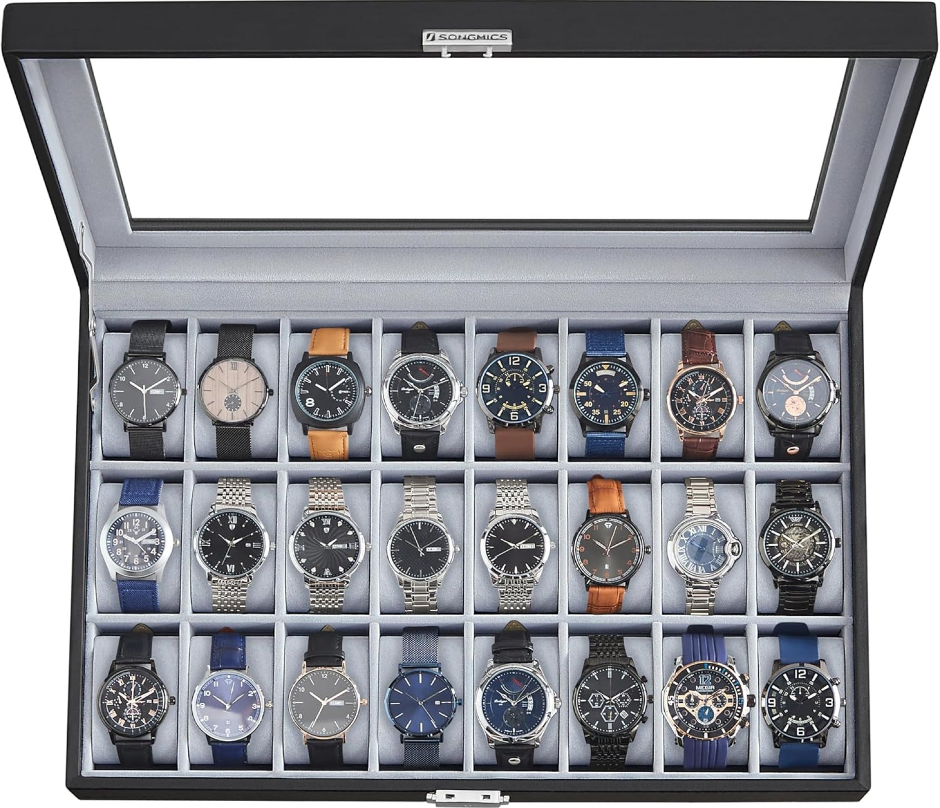 SONGMICS 24-Slot Watch Box, Lockable Storage Case With Glass Lid, Ink Black Synthetic Leather, Dove Gray Lining, Gift Idea UJWB024 SONGMICS 24-Slot Watch Box, Lockable Storage Case With Glass Lid, Ink Black Synthetic Leather, Dove Gray Lining, Gift Idea UJWB024