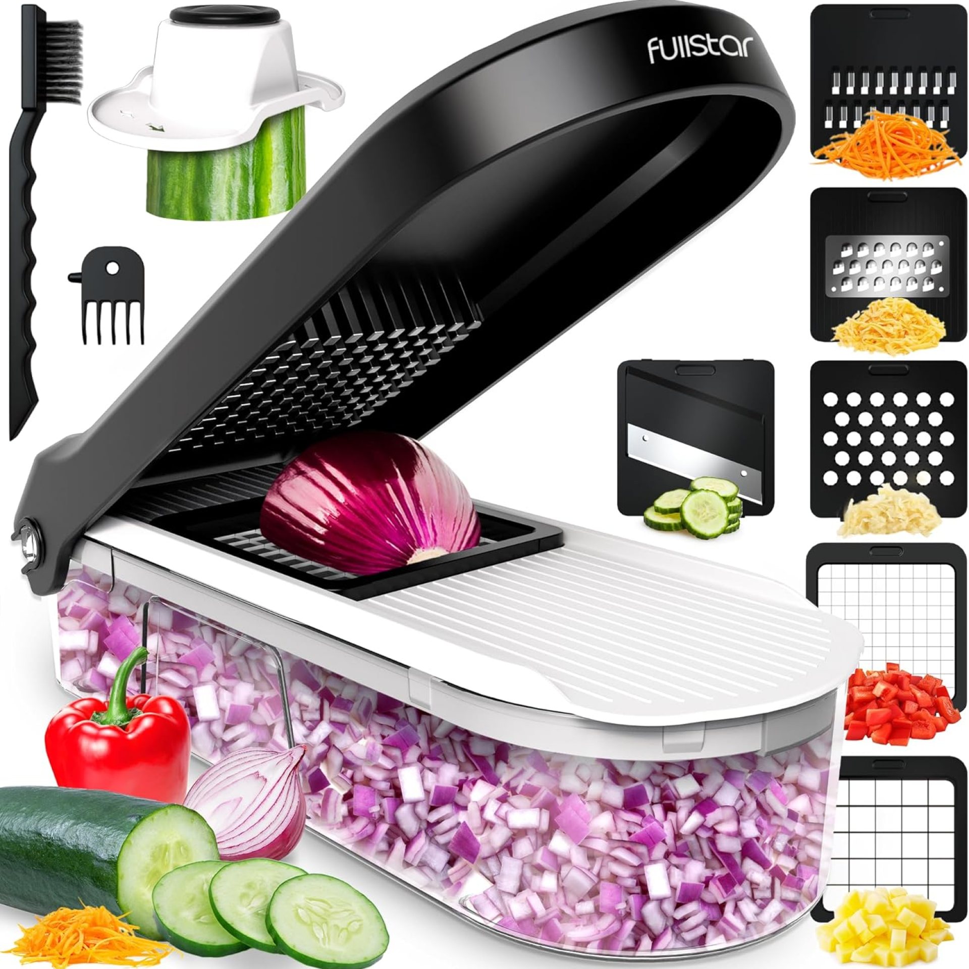 Fullstar Vegetable Chopper, Mandoline Slicer – Cheese Grater, Food Chopper with Container, Kitchen Gadgets, Home Essentials (6-in-1, White/Black) Fullstar Vegetable Chopper, Mandoline Slicer – Cheese Grater, Food Chopper with Container, Kitchen Gadgets, Home Essentials (6-in-1, White/Black)
