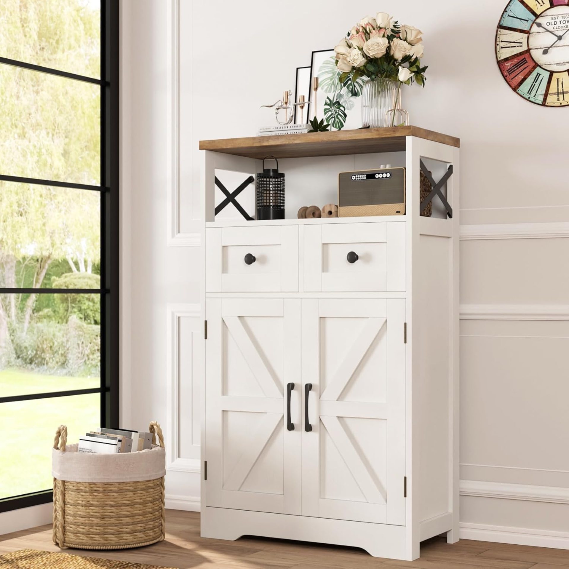 Farmhouse White Storage Cabinet with Doors and Drawers, Freestanding Kitchen Pantry Cabinet, Floor Storage Cabinet Hutch Cupboard for Kitchen/Laundry/Living Room/Bedroom Farmhouse White Storage Cabinet with Doors and Drawers, Freestanding Kitchen Pantry Cabinet, Floor Storage Cabinet Hutch Cupboard for Kitchen/Laundry/Living Room/Bedroom