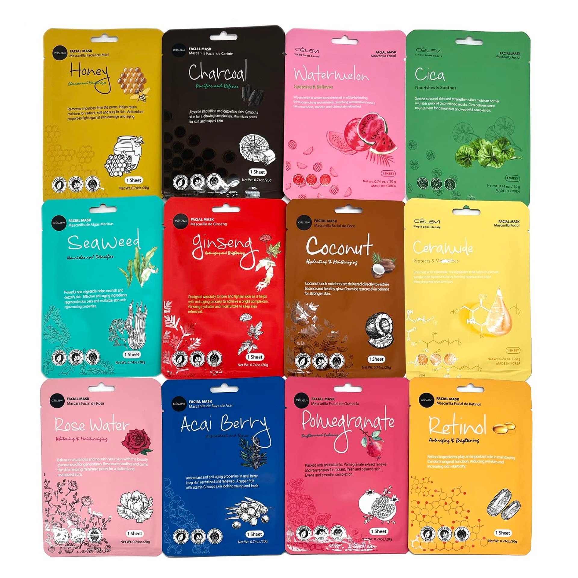 Celavi K-Beauty Skincare Essence Facial Face Mask Korea Skin Care Moisturizing B Set 12 Pack Celavi K-Beauty Skincare Essence Facial Face Mask Korea Skin Care Moisturizing B Set 12 Pack