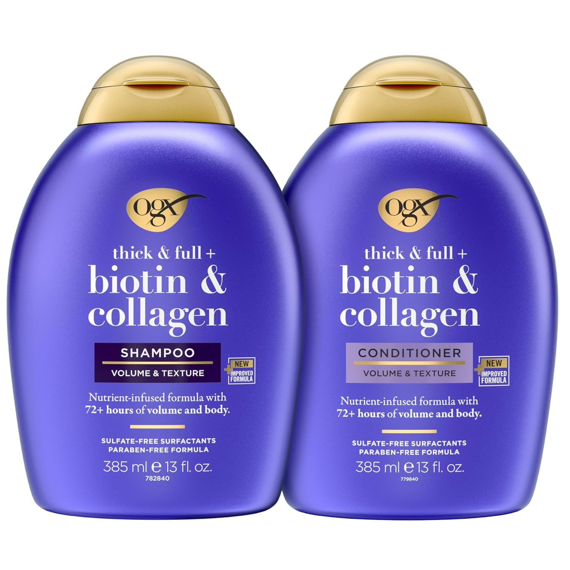 OGX Thick & Full + Biotin & Collagen Shampoo & Conditioner Set, (packaging may vary), Purple, 13 Fl Oz (Pack of 2) OGX Thick & Full + Biotin & Collagen Shampoo & Conditioner Set, (packaging may vary), Purple, 13 Fl Oz (Pack of 2)