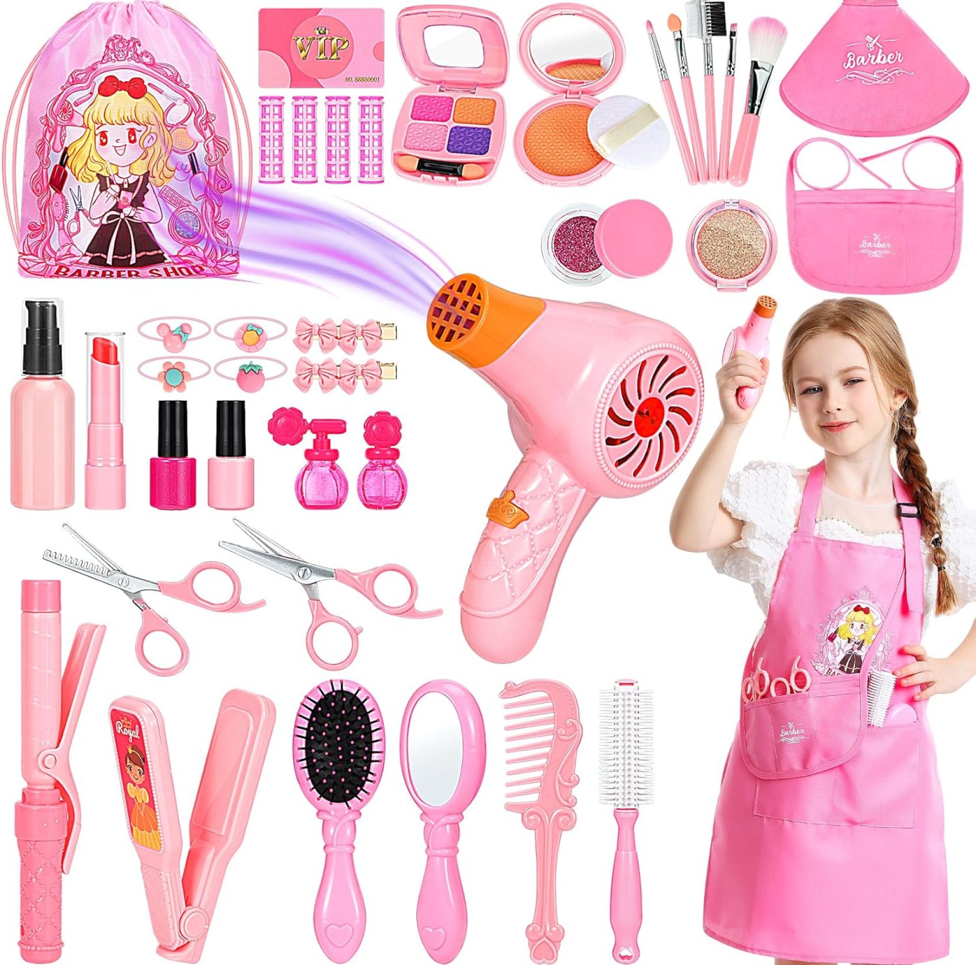 Hair Salon Toys for Girls, 39 Pc Pretend Play Makeup Toys Set, Beauty Play Hair Styling Kit with Blow Dryer, Barber Apron and Scissors Accessories for 3-9 Year Old Hair Salon Toys for Girls, 39 Pc Pretend Play Makeup Toys Set, Beauty Play Hair Styling Kit with Blow Dryer, Barber Apron and Scissors Accessories for 3-9 Year Old