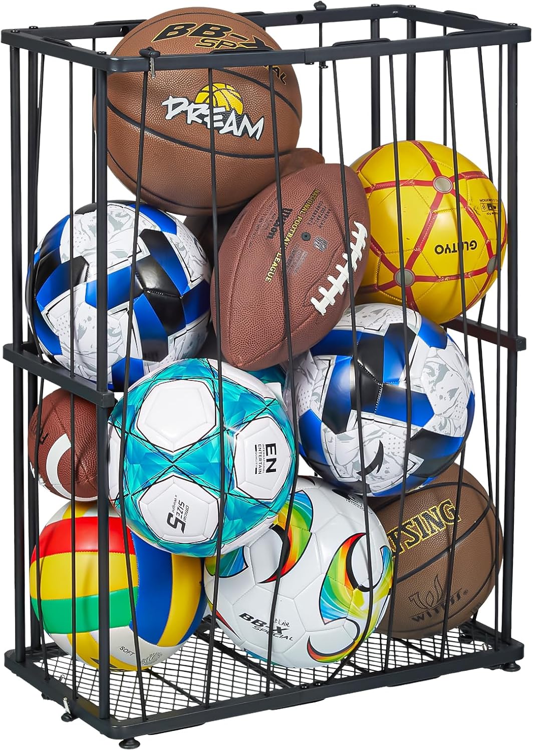 Garage Ball Storage Wall-mounted & Floor Sports Equipment Organizer: Sports Ball Rack With Elastic Rope, Ball Holder for Basketball, Soccer, Volleyball, Football, Garage, Gym, Black(Patent Pending) Garage Ball Storage Wall-mounted & Floor Sports Equipment Organizer: Sports Ball Rack With Elastic Rope, Ball Holder for Basketball, Soccer, Volleyball, Football, Garage, Gym, Black(Patent Pending)