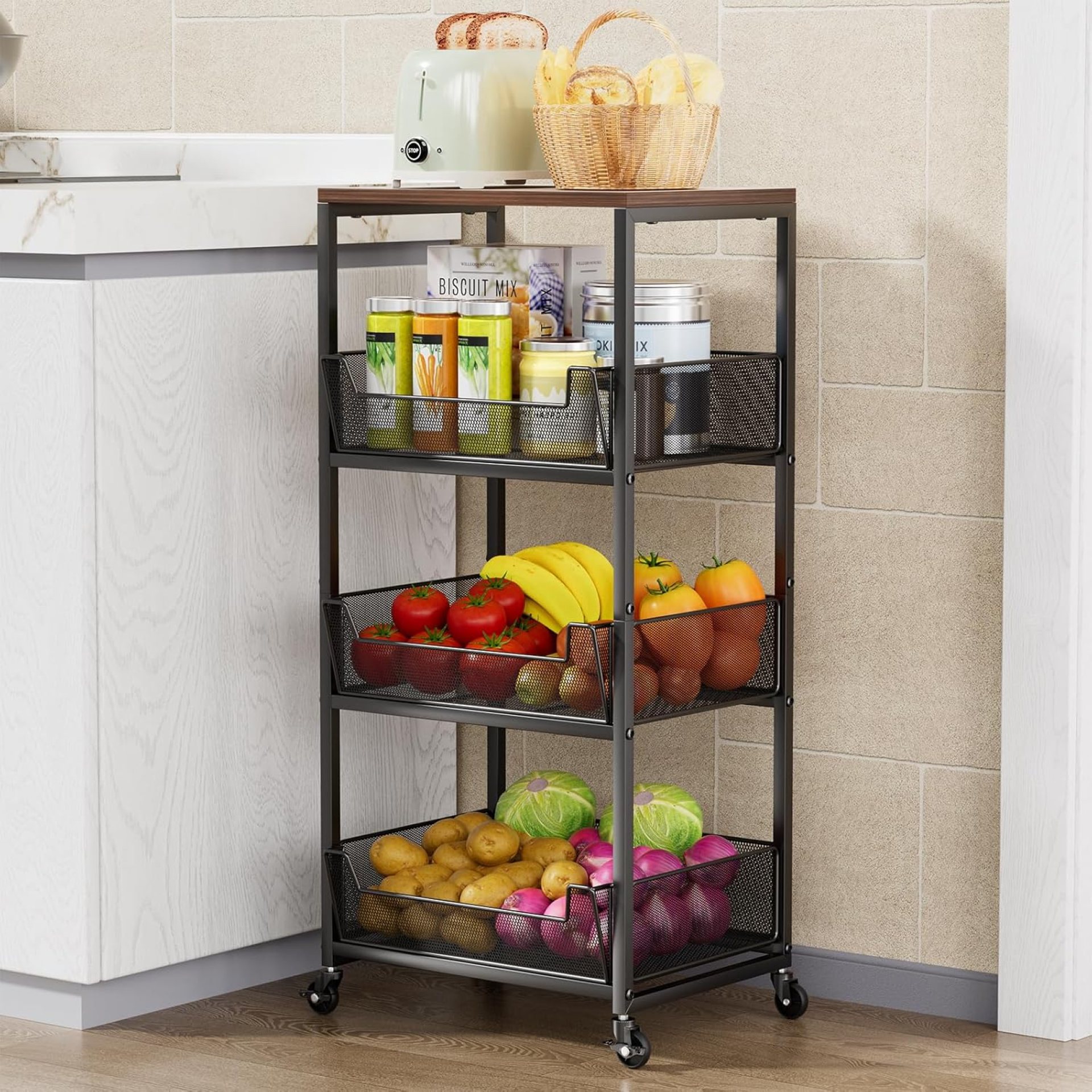 HapiRm Fruit Basket Kitchen Cart – 4-Tier Rolling Storage Cart with Wheels, Fruit Vegetable Basket with Wood Top, Pantry Utility Kitchen Organizer for Fruit Potato Onion Vegetable Bread Snack HapiRm Fruit Basket Kitchen Cart – 4-Tier Rolling Storage Cart with Wheels, Fruit Vegetable Basket with Wood Top, Pantry Utility Kitchen Organizer for Fruit Potato Onion Vegetable Bread Snack