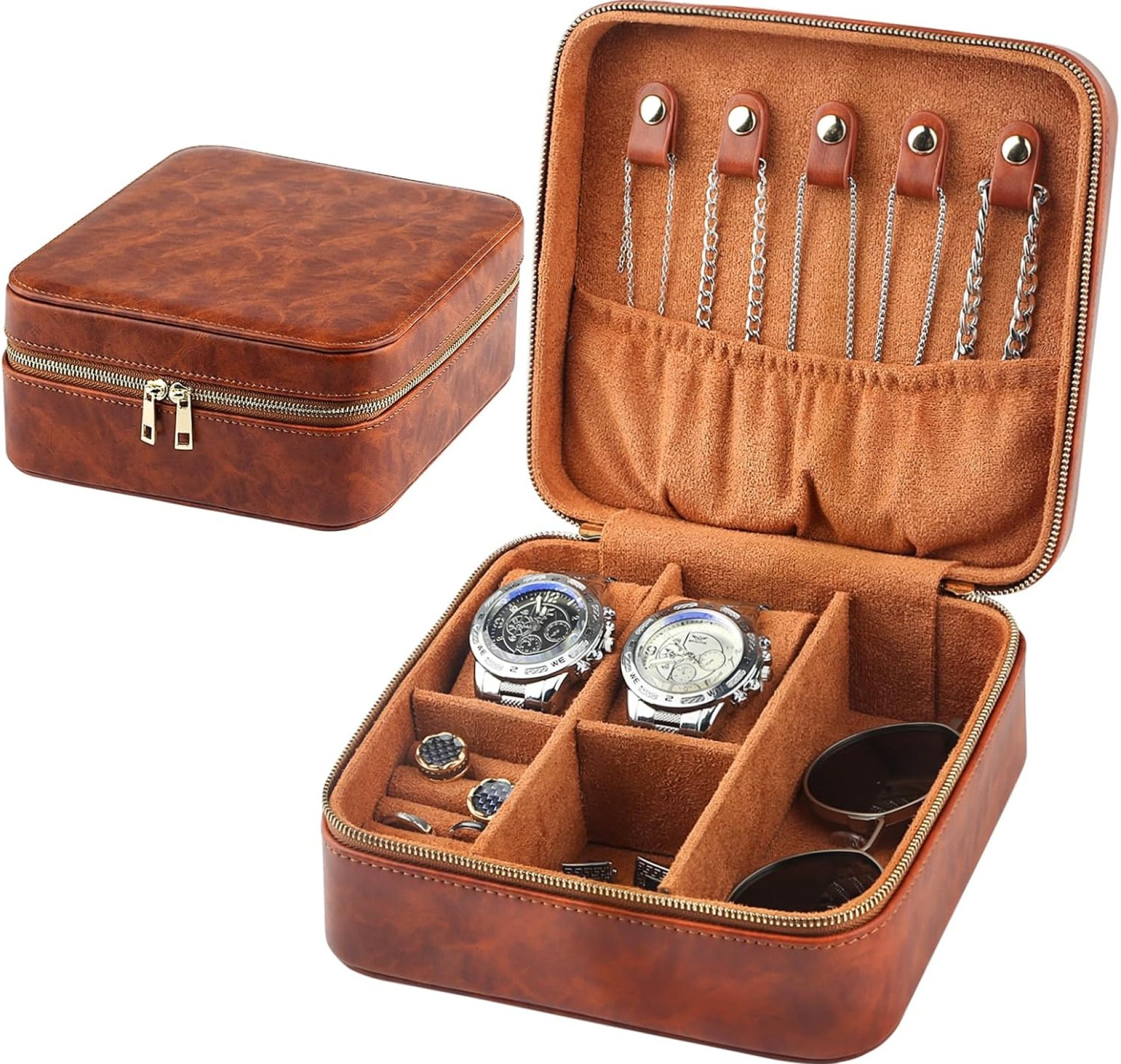 Men’s Travel Jewelry Box, 2-Slot Watch Travel Box with Zipper Storage for Rings, Tie Clips, Glasses, and Necklaces. Fits All Watches Up to 50mm – Brown Men’s Travel Jewelry Box, 2-Slot Watch Travel Box with Zipper Storage for Rings, Tie Clips, Glasses, and Necklaces. Fits All Watches Up to 50mm – Brown