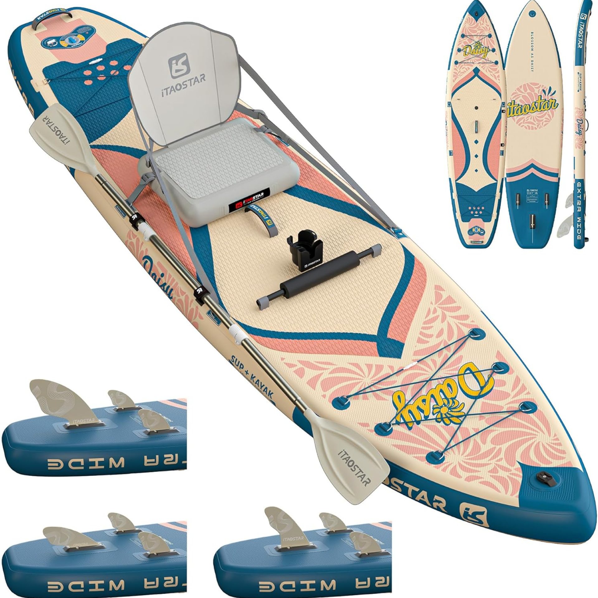 Daisy 11’6’×34″ / 35” Extra Wide Paddle Board with Seat, One-stop Premium SUP Board Accessories, Tailored 5 Fins, Stable Inflatable Stand Up Paddle Boards for Youth/Adults of All Skill Levels Daisy 11’6’×34″ / 35” Extra Wide Paddle Board with Seat, One-stop Premium SUP Board Accessories, Tailored 5 Fins, Stable Inflatable Stand Up Paddle Boards for Youth/Adults of All Skill Levels