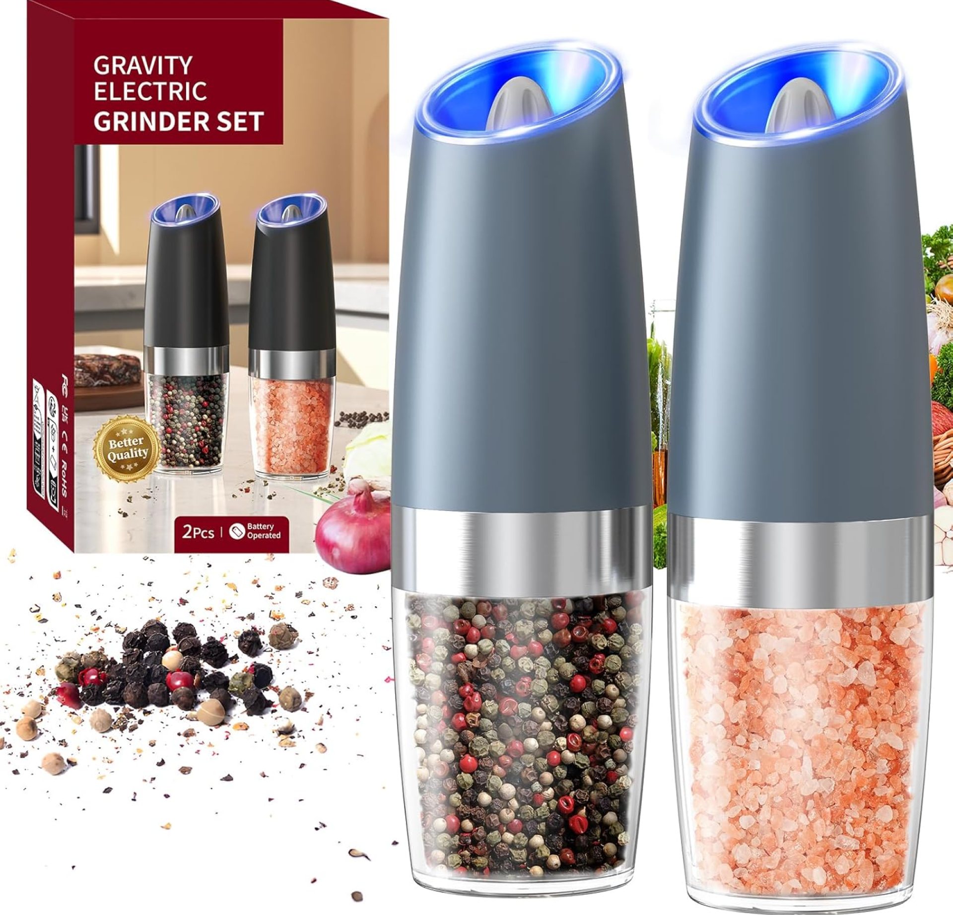 CIRCLE JOY Gravity Electric Salt and Pepper Grinder Set Automatic Salt and Pepper Grinder Set with LED Light, Battery Operated, Adjustable Coarseness, Large Capacity, for Home Kitchen BBQ, Blue CIRCLE JOY Gravity Electric Salt and Pepper Grinder Set Automatic Salt and Pepper Grinder Set with LED Light, Battery Operated, Adjustable Coarseness, Large Capacity, for Home Kitchen BBQ, Blue