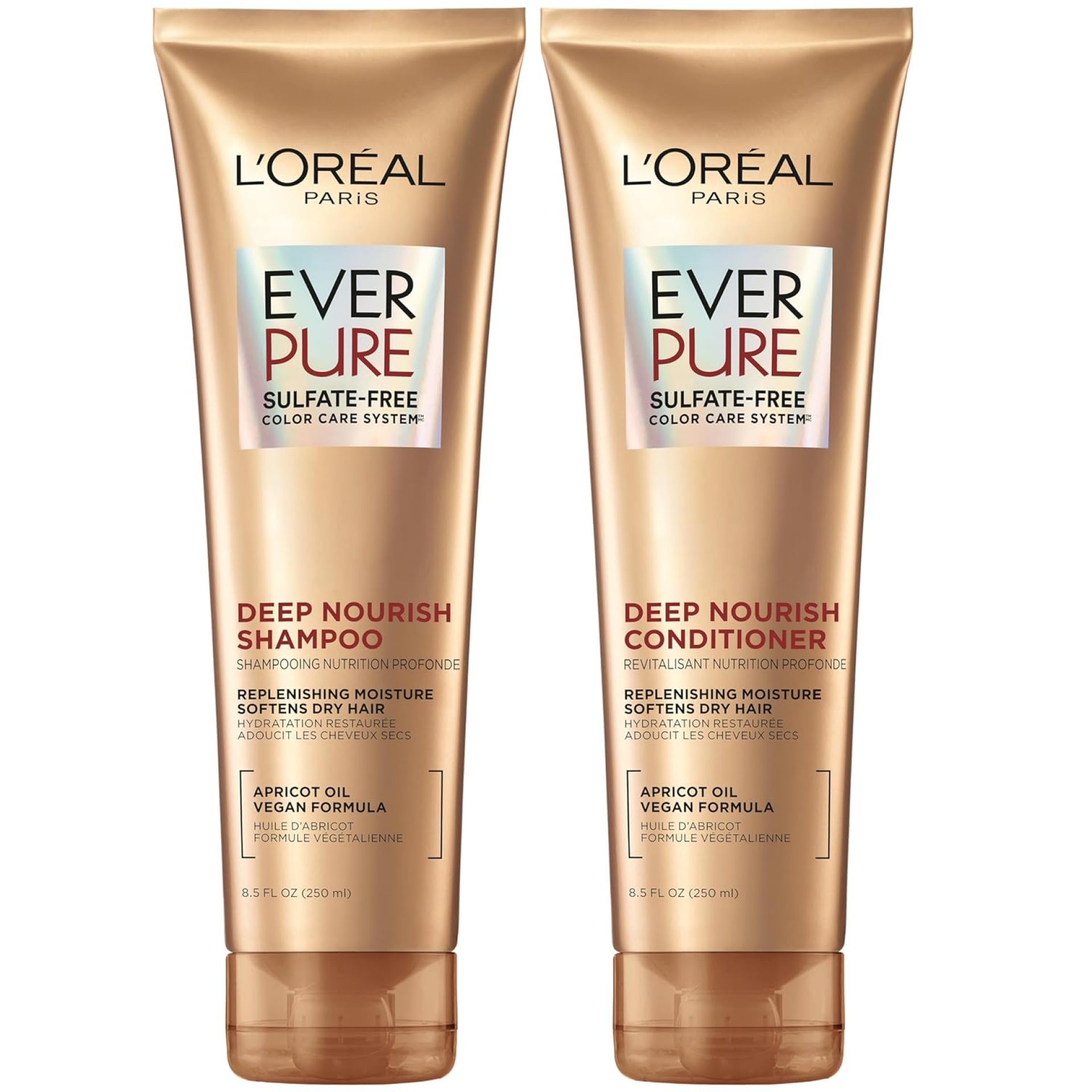 L’Oreal Paris Sulfate Free Shampoo and Conditioner for Dry Hair, Triple Action Hydration for Dry, Brittle or Color Treated Hair, Apricot Oil Infused Hair Care, EverPure, 8.5 Fl Oz, Set of 2 L’Oreal Paris Sulfate Free Shampoo and Conditioner for Dry Hair, Triple Action Hydration for Dry, Brittle or Color Treated Hair, Apricot Oil Infused Hair Care, EverPure, 8.5 Fl Oz, Set of 2