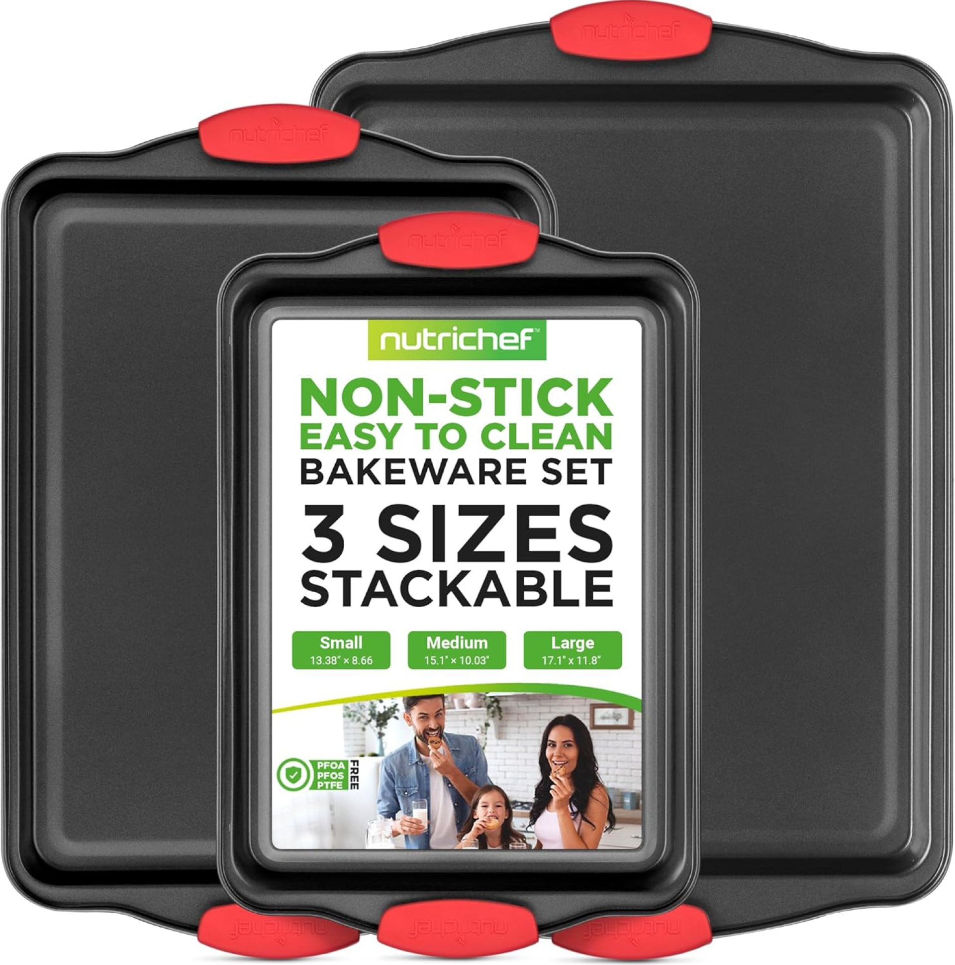 NutriChef 3-Piece Nonstick Kitchen Oven Baking Pans – Premium & Stylish Non-Stick Steel, Commercial Grade Restaurant Quality Metal Bakeware with Red Silicone Handles – Easy to Clean, NCSBS3S NutriChef 3-Piece Nonstick Kitchen Oven Baking Pans – Premium & Stylish Non-Stick Steel, Commercial Grade Restaurant Quality Metal Bakeware with Red Silicone Handles – Easy to Clean, NCSBS3S