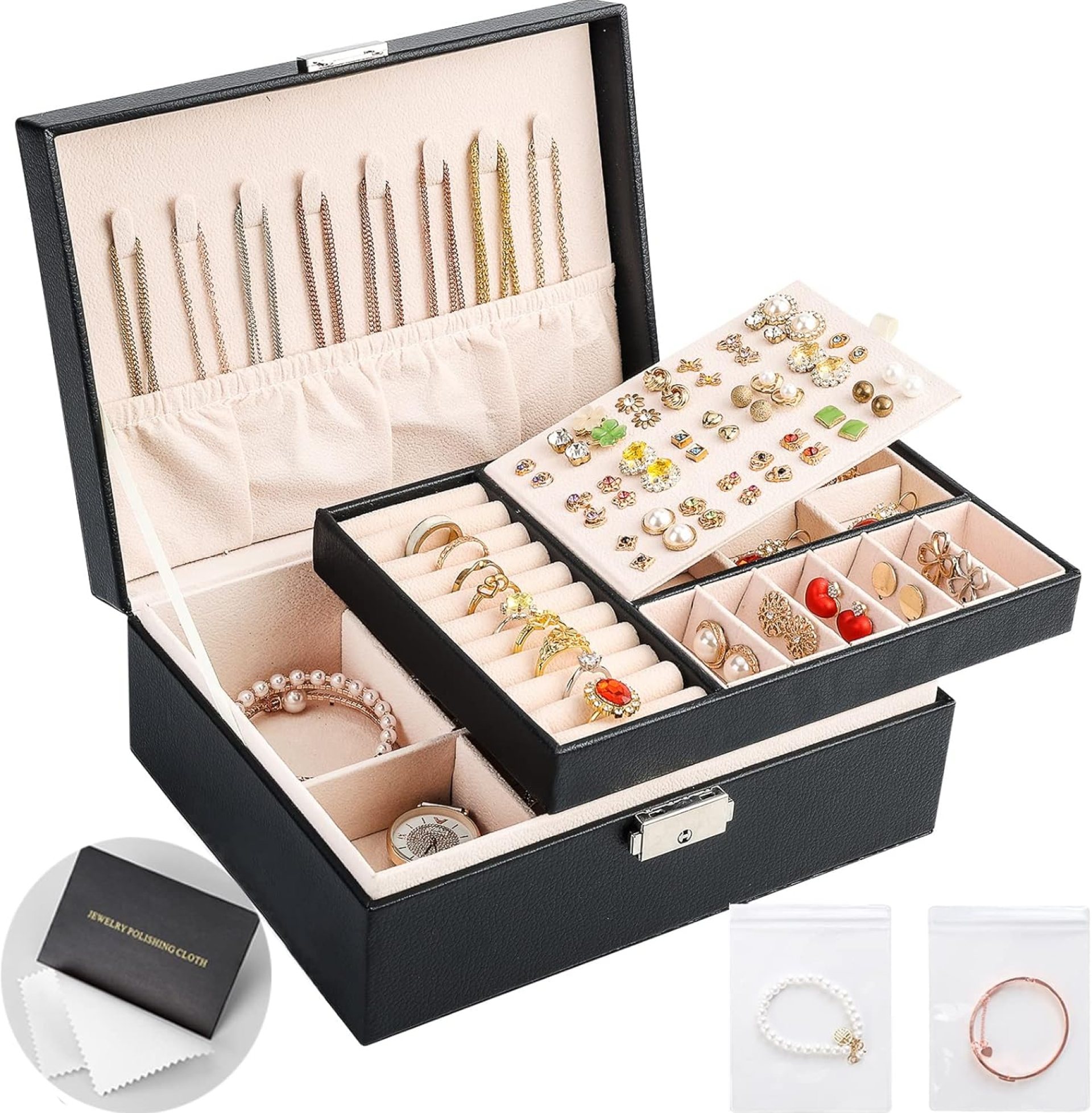 Jewelry Boxes for Women Girls 2 Layers leather Jewelry Organizer Case with Lock Storage Box Removable Tray for Necklace Earring Ring with Polishing Cloth and Jewelry Bags Jewelry Boxes for Women Girls 2 Layers leather Jewelry Organizer Case with Lock Storage Box Removable Tray for Necklace Earring Ring with Polishing Cloth and Jewelry Bags