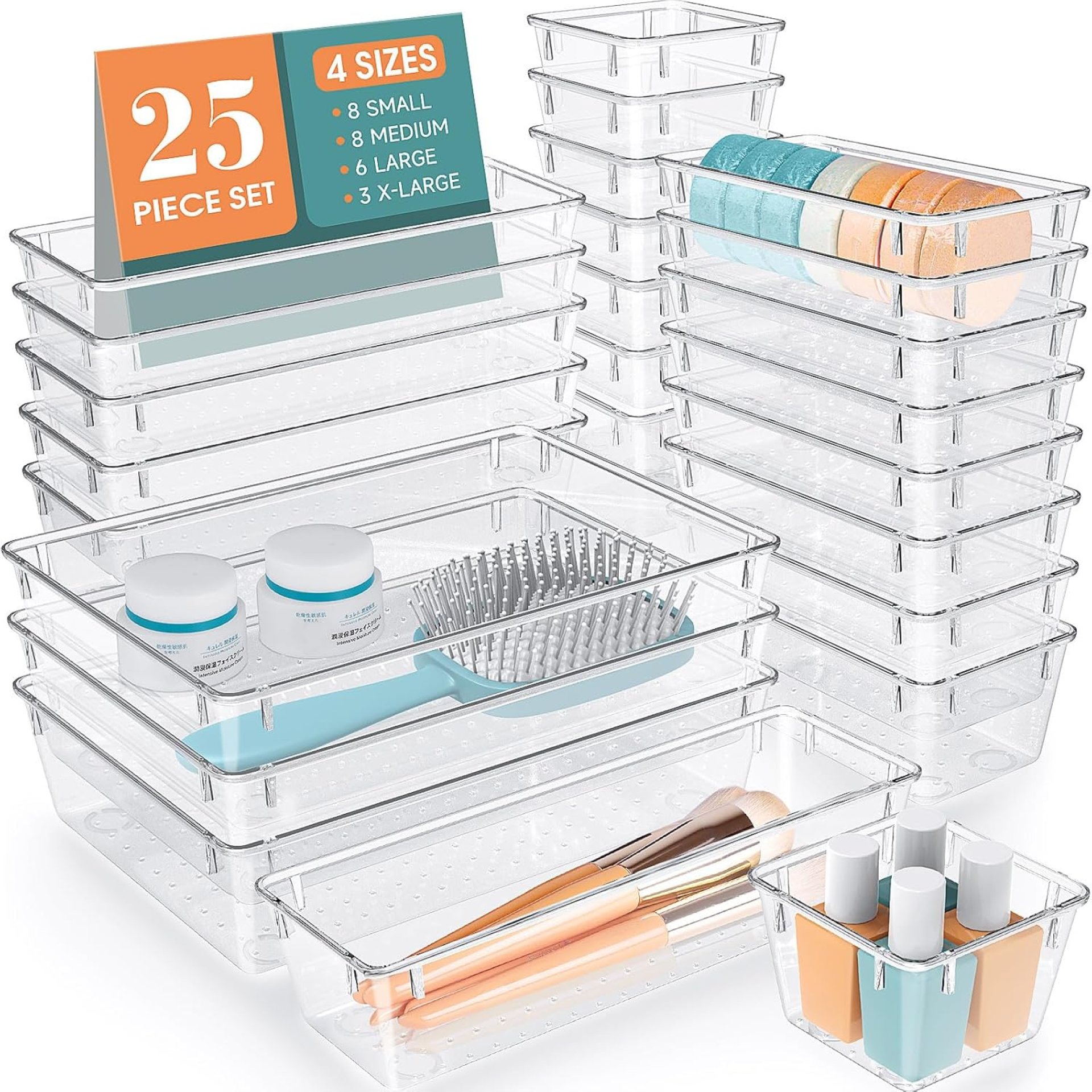 25 PCS Clear Plastic Drawer Organizer Set, 4 Sizes Desk Drawer Divider Organizers and Storage Bins for Makeup, Jewelry, Gadgets for Kitchen, Bedroom, Bathroom, Office 25 PCS Clear Plastic Drawer Organizer Set, 4 Sizes Desk Drawer Divider Organizers and Storage Bins for Makeup, Jewelry, Gadgets for Kitchen, Bedroom, Bathroom, Office