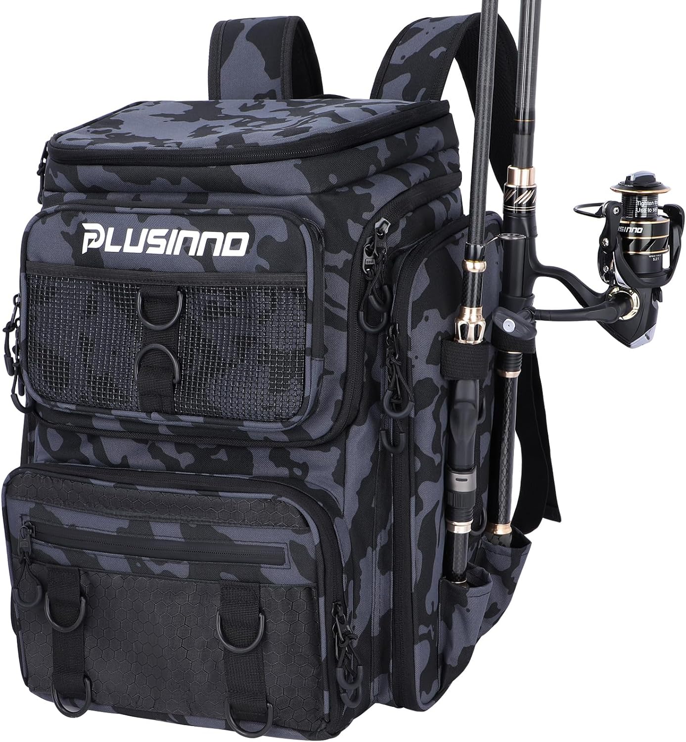 PLUSINNO Fishing Backpack with Rod Holders Tackle Box, 42L Large Water-resistant Fishing Tackle Bag Store Fishing Gear PLUSINNO Fishing Backpack with Rod Holders Tackle Box, 42L Large Water-resistant Fishing Tackle Bag Store Fishing Gear
