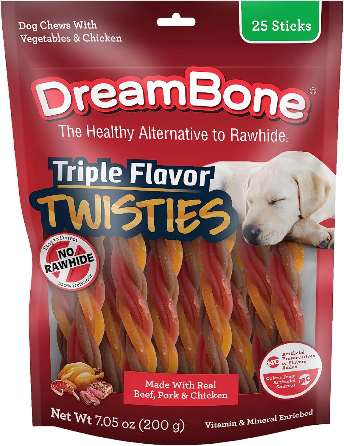 Dreambone Triple Flavor Twisties, 25 Count, Rawhide-Free Dog Chews Made with Real Beef, Pork & Chicken, 7.05 Ounce (Pack of 1) Dreambone Triple Flavor Twisties, 25 Count, Rawhide-Free Dog Chews Made with Real Beef, Pork & Chicken, 7.05 Ounce (Pack of 1)