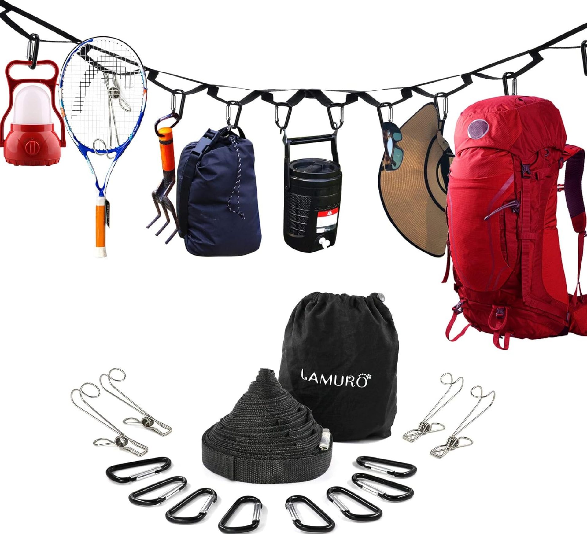 Campsite Storage Strap with 19 Separated Loops for Hanging Camping Equipment, Gear and Supplies | Includes Carabiner Hooks and Clothes Pins | Durable Campground Organizer Holds up to 150 LBS Campsite Storage Strap with 19 Separated Loops for Hanging Camping Equipment, Gear and Supplies | Includes Carabiner Hooks and Clothes Pins | Durable Campground Organizer Holds up to 150 LBS