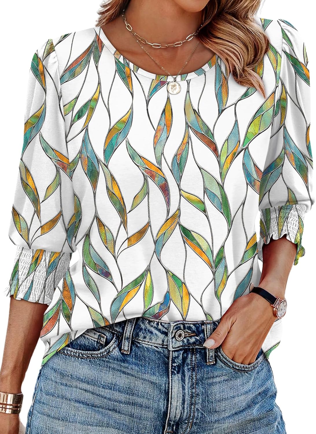 XIEERDUO Blouses for Women Dressy Casual 3/4 Length Sleeve Womens Tops with Smocked Cuffs XIEERDUO Blouses for Women Dressy Casual 3/4 Length Sleeve Womens Tops with Smocked Cuffs