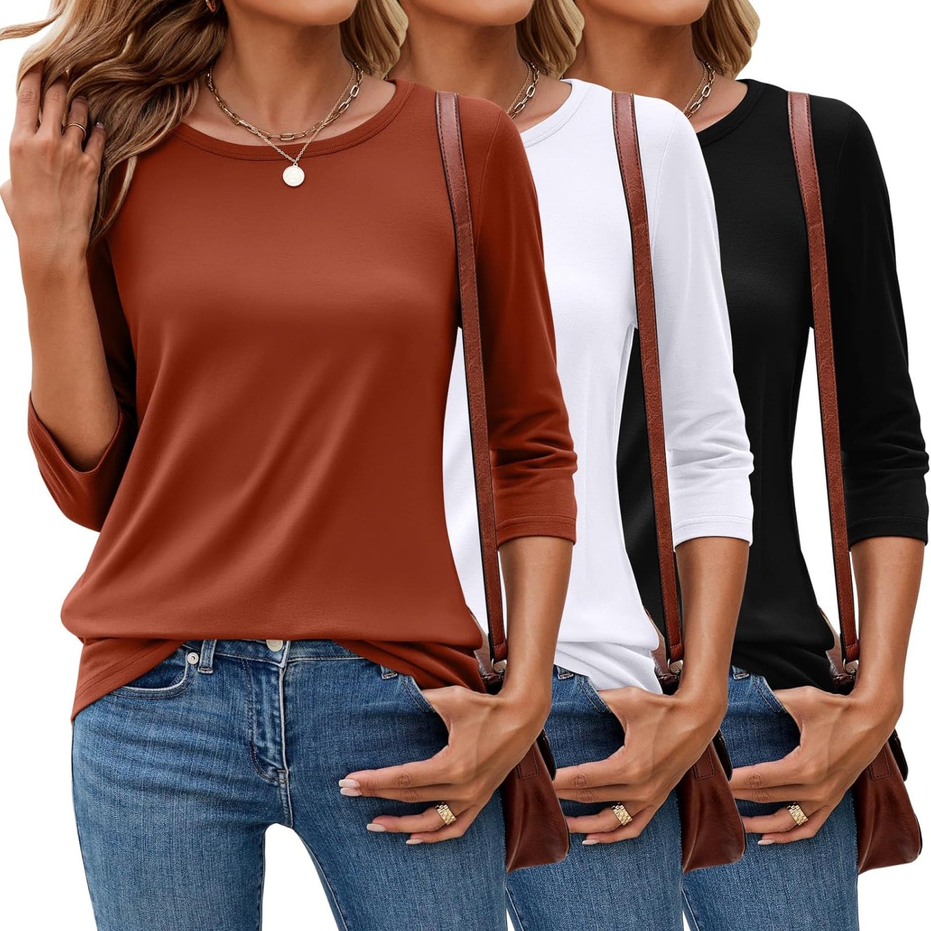 Ficerd 3 Pack 3/4 Sleeve Tops for Women Round Neck Dressy Basics Tees Casual Trendy Loose Fit T Shirts Ficerd 3 Pack 3/4 Sleeve Tops for Women Round Neck Dressy Basics Tees Casual Trendy Loose Fit T Shirts