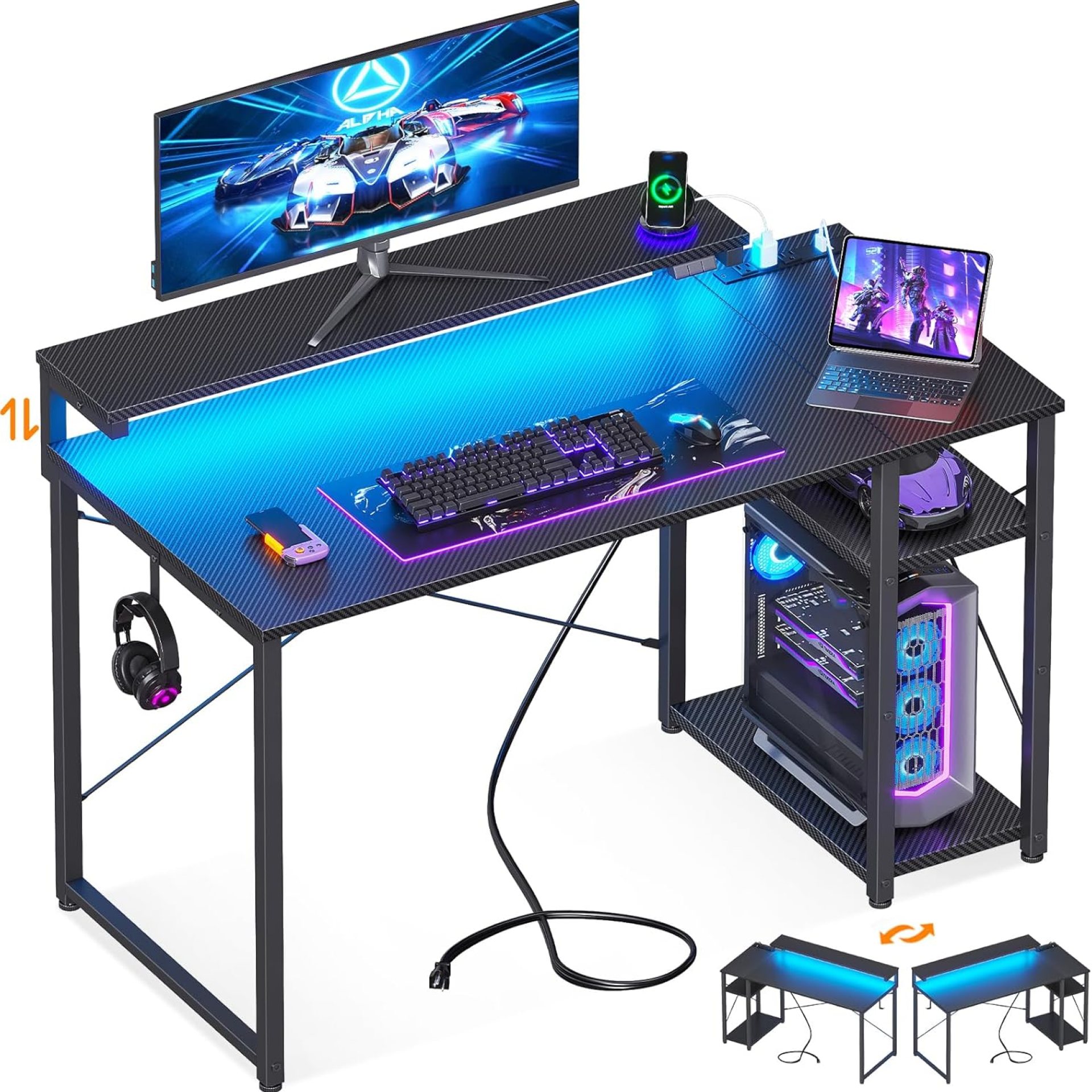 MOTPK Gaming Desk with Led Lights & Power Outlet, 40 Inch Small Gaming Computer Desk with Shelves, Reversible Gamer Desk Table with Adjustable Monitor Stand & Headphone Hook, Carbon Fiber Texture MOTPK Gaming Desk with Led Lights & Power Outlet, 40 Inch Small Gaming Computer Desk with Shelves, Reversible Gamer Desk Table with Adjustable Monitor Stand & Headphone Hook, Carbon Fiber Texture