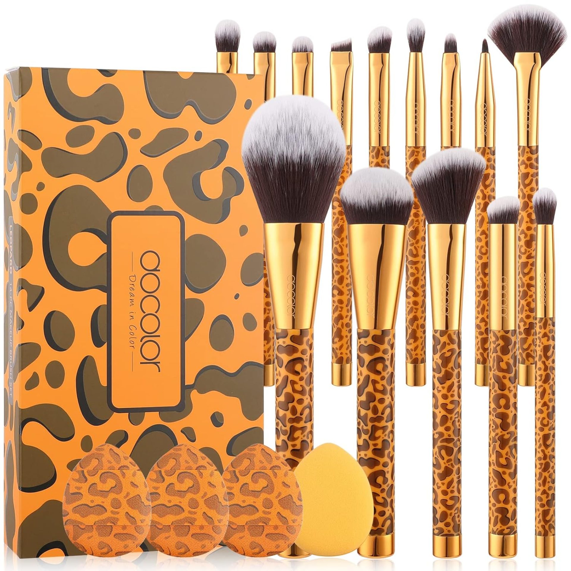 Docolor Makeup Brushes Leopard 14pcs Premium Synthetic Foundation Powder Concealers Eye shadows Blush Makeup Brush Set with 4pcs Makeup Puffs Docolor Makeup Brushes Leopard 14pcs Premium Synthetic Foundation Powder Concealers Eye shadows Blush Makeup Brush Set with 4pcs Makeup Puffs