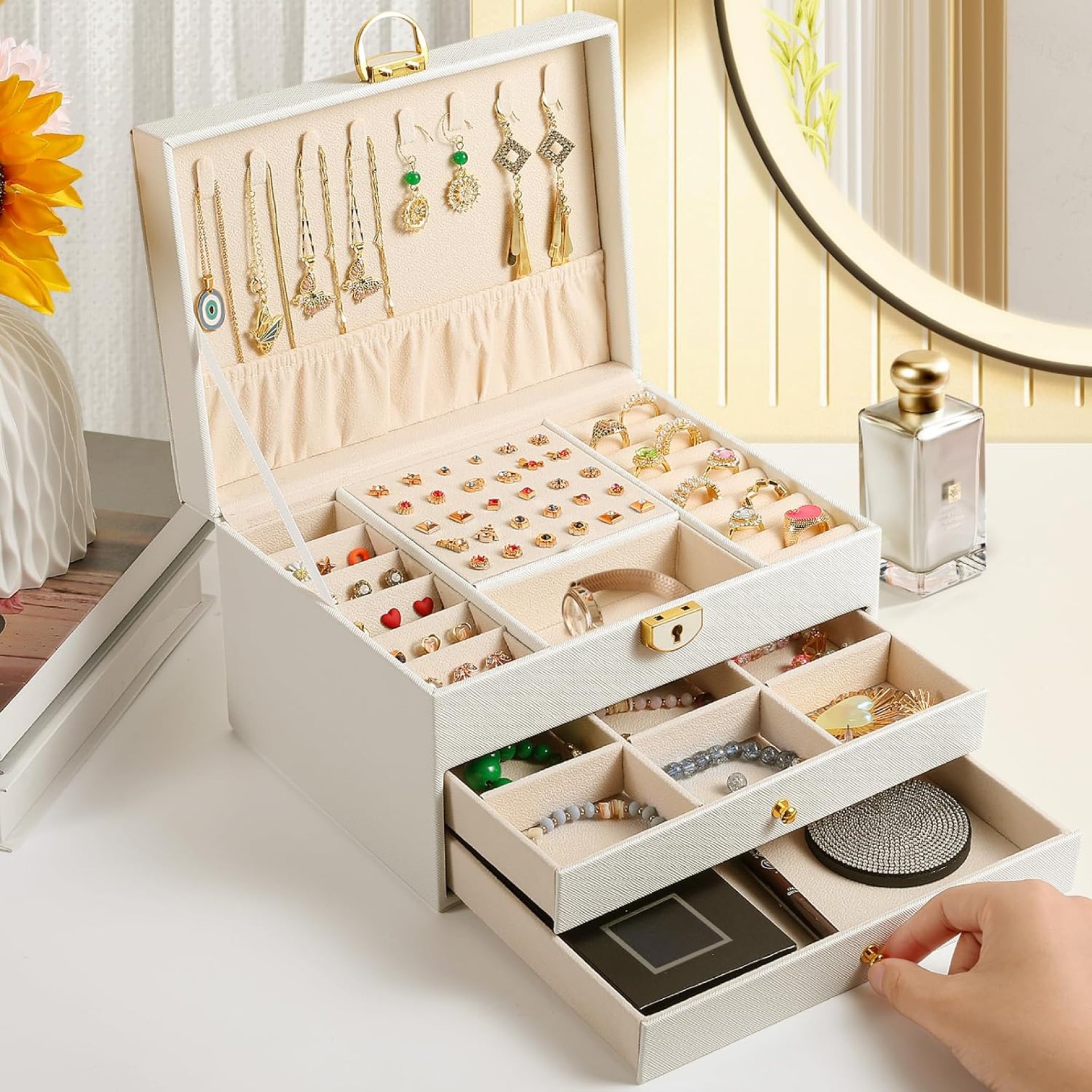 3 Layer Jewelry Box, Jewelry Holder Organizer with Jewelry Organizer Drawer, Large Jewelry Boxes & Organizer with Velvet Earring Organizer, Lockable Jewelry Holder, Unique Gifts for Women Mom 3 Layer Jewelry Box, Jewelry Holder Organizer with Jewelry Organizer Drawer, Large Jewelry Boxes & Organizer with Velvet Earring Organizer, Lockable Jewelry Holder, Unique Gifts for Women Mom
