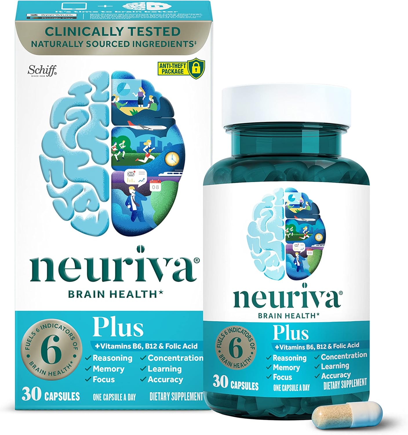 NEURIVA Plus Brain Supplement for Memory and Focus Clinically Tested Nootropics for Concentration for Mental Clarity, Cognitive Enhancement Vitamins B6, B12, Phosphatidylserine 30 Capsules NEURIVA Plus Brain Supplement for Memory and Focus Clinically Tested Nootropics for Concentration for Mental Clarity, Cognitive Enhancement Vitamins B6, B12, Phosphatidylserine 30 Capsules